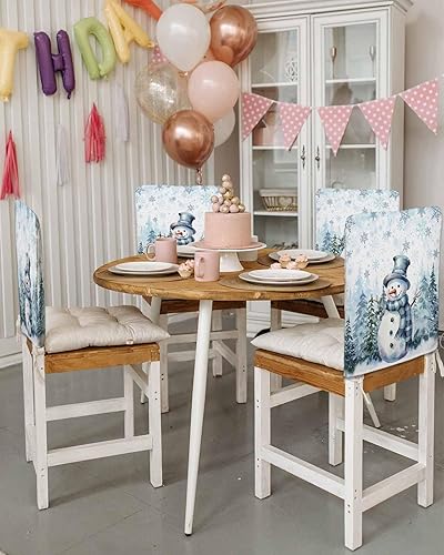 Miniatura 3 de Juego de 8 fundas para sillas de Navidad con diseño de muñeco de nieve azul para comedor, funda trasera de silla de árbol de Navidad, fundas