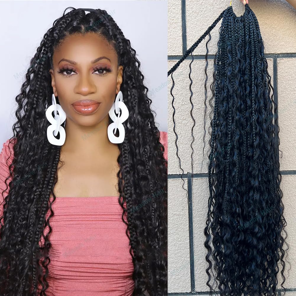 Boho Box Braids Human Hair Crochet Pre Looped Synthetic Hair Box Braid With Human Hair Curls Crochet Hair Braiding Deep Wave for Black Women 24Inch 80 Strands #1b Hair Color
