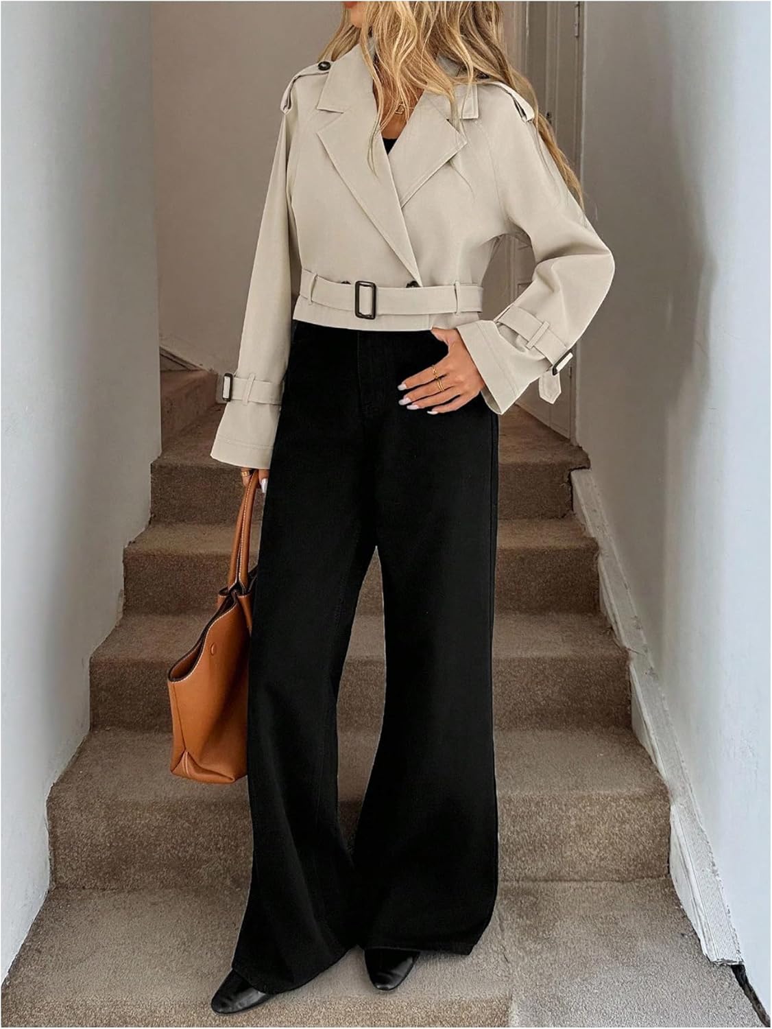 GORGLITTER Women's Cropped Trench Coat Trendy Long Sleeve Work Office Belted Jacket Fall Outfits - Image 5