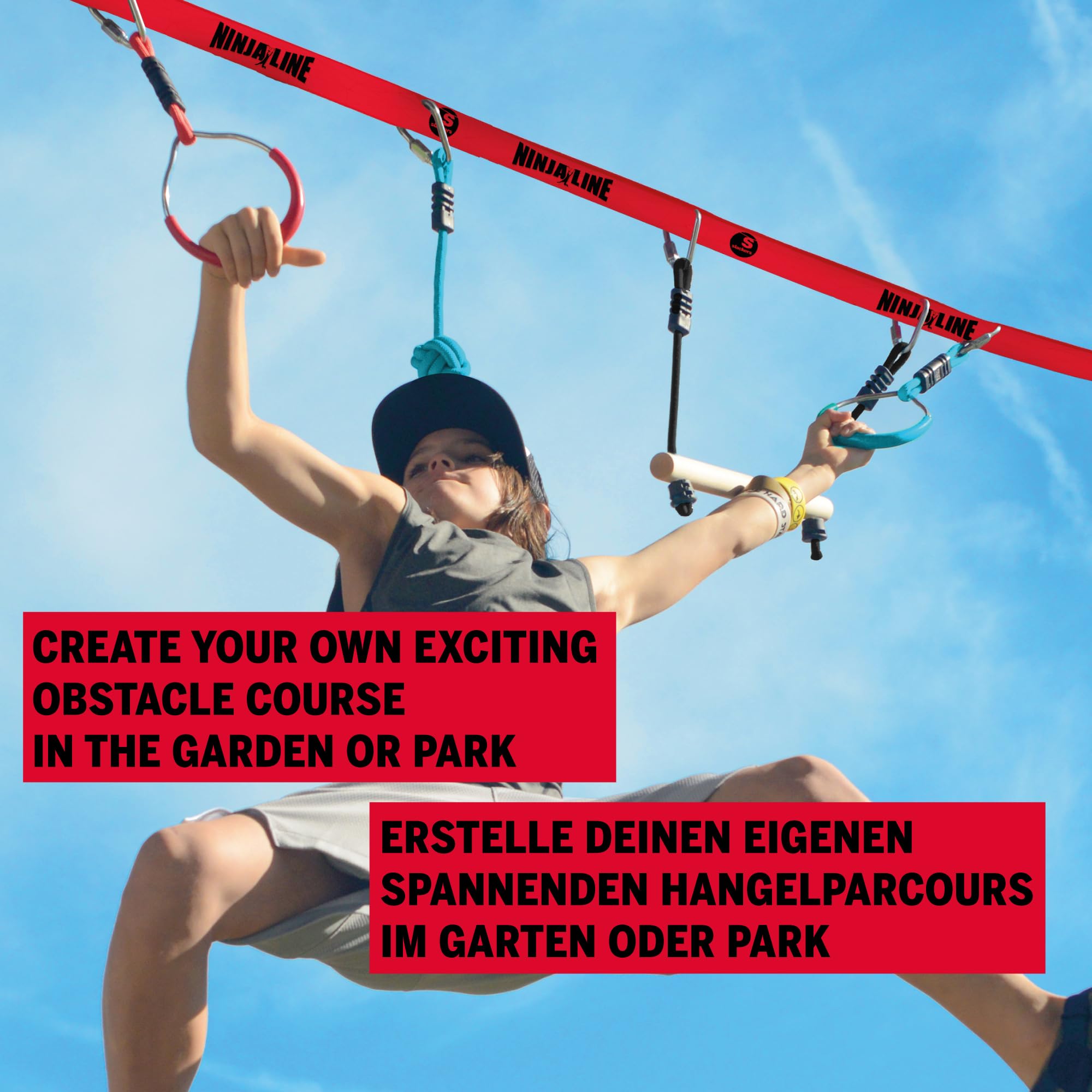Slackers Ninja Line Starter Set – Outdoor Hangelparcours & Slackline für Kinder ab 5 Jahren – Komplettset mit 11 m Slackline, 7 Hindernissen, Ratsche & Tragetasche – Ninja-Spielspaß im Garten