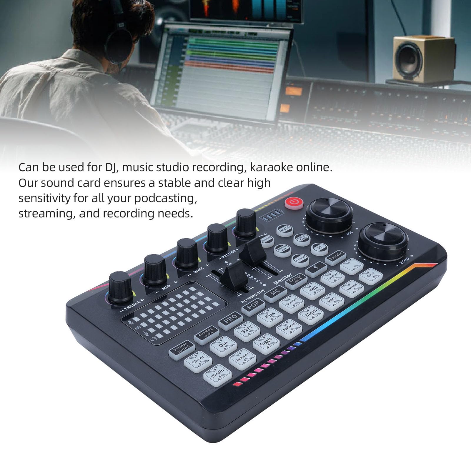 YUEHISY Voice Sound Card, Live Sound Mixer Board for Karaoke, Live Streaming, Gaming, Podcasting, with 16 Effects, Portable Design, Plug and Play