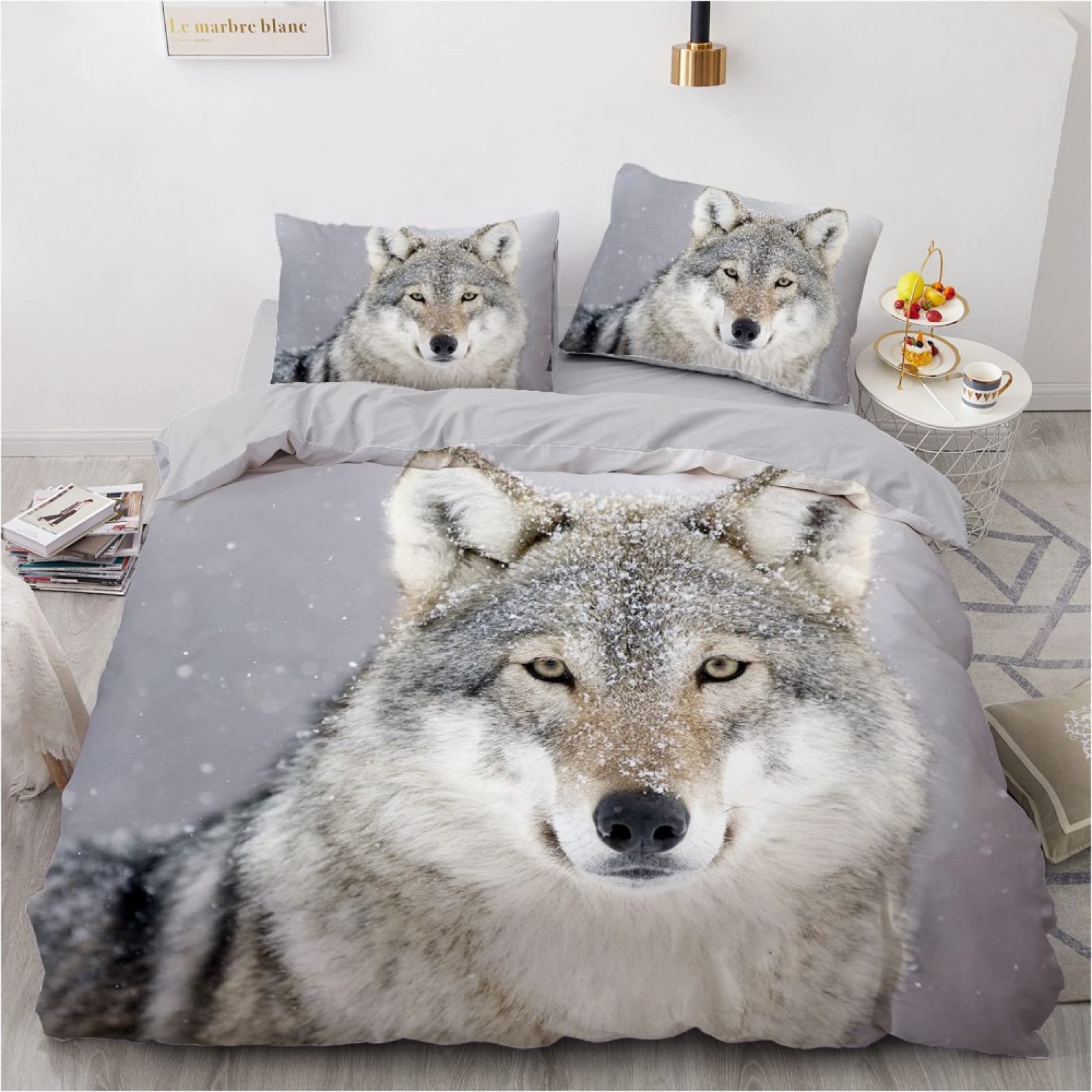 Parure de lit loup gris 220x240 avec housse de couette en microfibre et taies pour chambre adulte