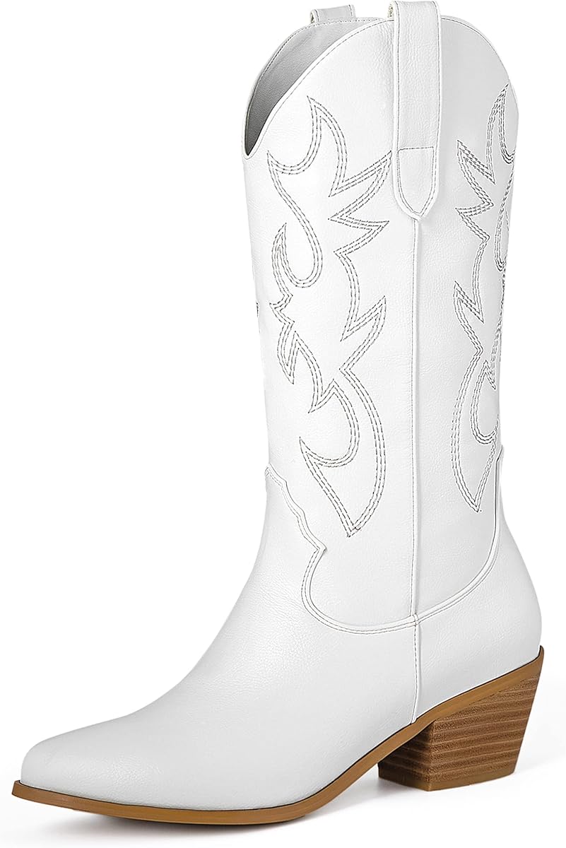 Amazon.com | MUCCCUTE Women's Western Cowgirl Cowboy Boots Embroidered Stitching Point-Toe Boot Fashion Retro Block Heel Pull-On Mid-Calf Boots Size 9 | Mid-Calf