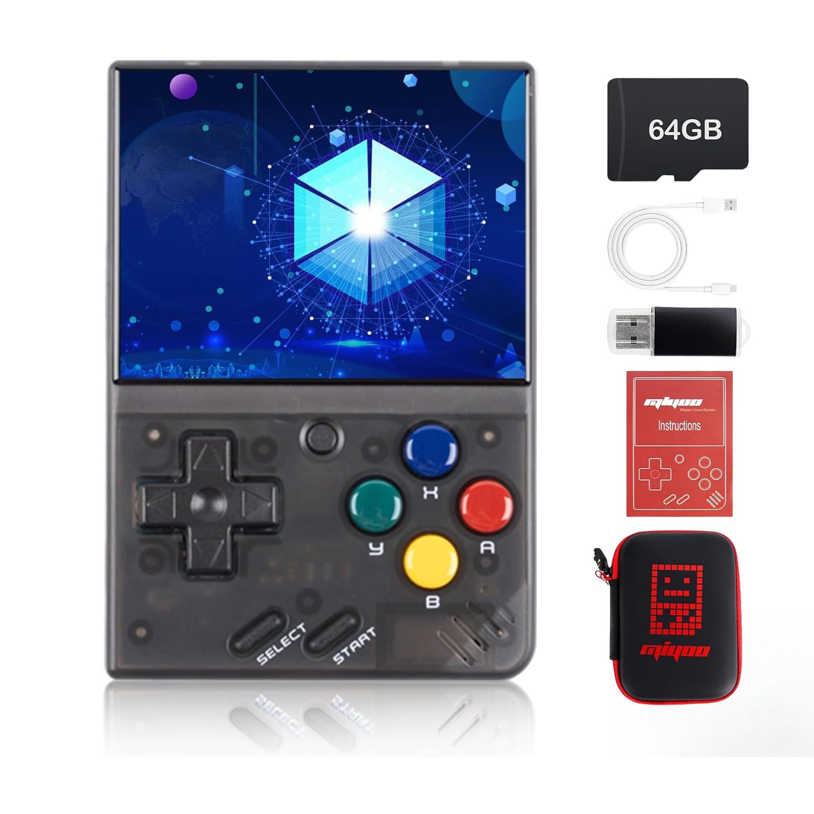 Ampown Miyoo Mini V4 Retro Game Console,2.8 Inch IPS Screen 640x480,Built-in 64GB TF Card,with 2000mAh Battery Classic Game Console,Support HD and TV Output Casual Game Console Black