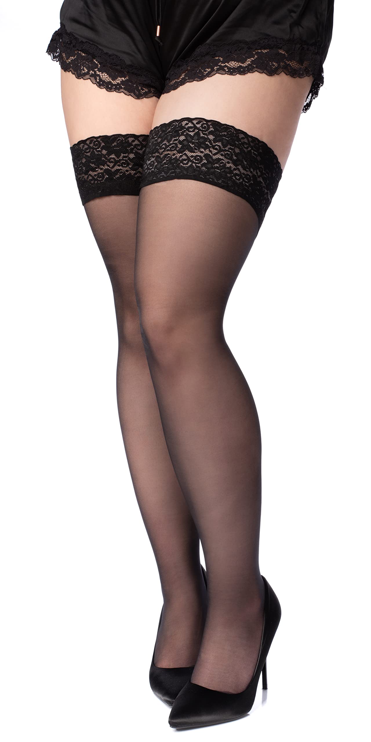 Lace Top 20 Denier XL XXL Hold-Ups, Plus Size Stockings with Double Anti-Skid Silicone Band