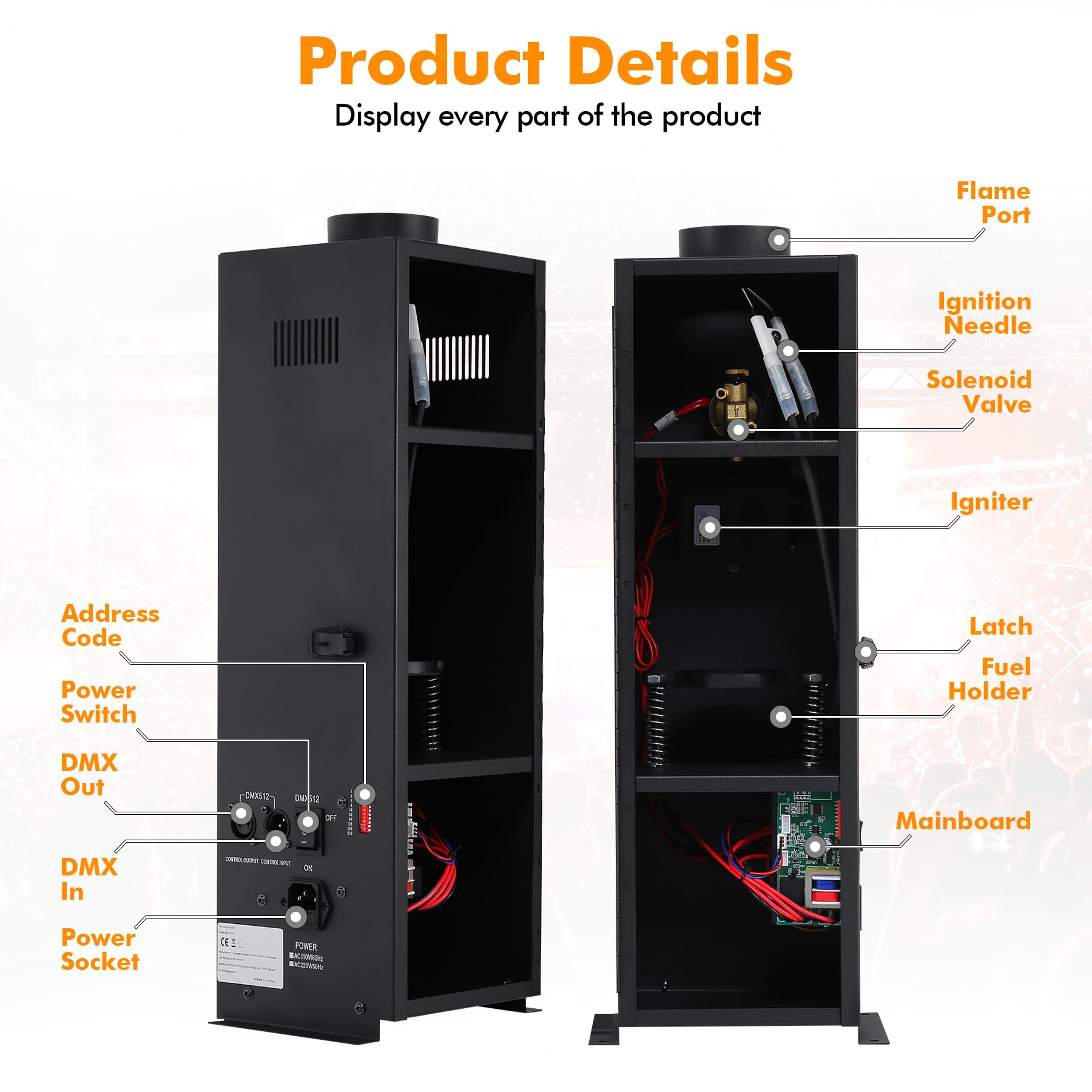 Proyector de llama de 200 W con modo manual y DMX, multicolor, dispositivo de efecto de llama de hongo, dispositivo de efectos de llama para escenarios, fiestas y eventos de DJ – 2 unidades