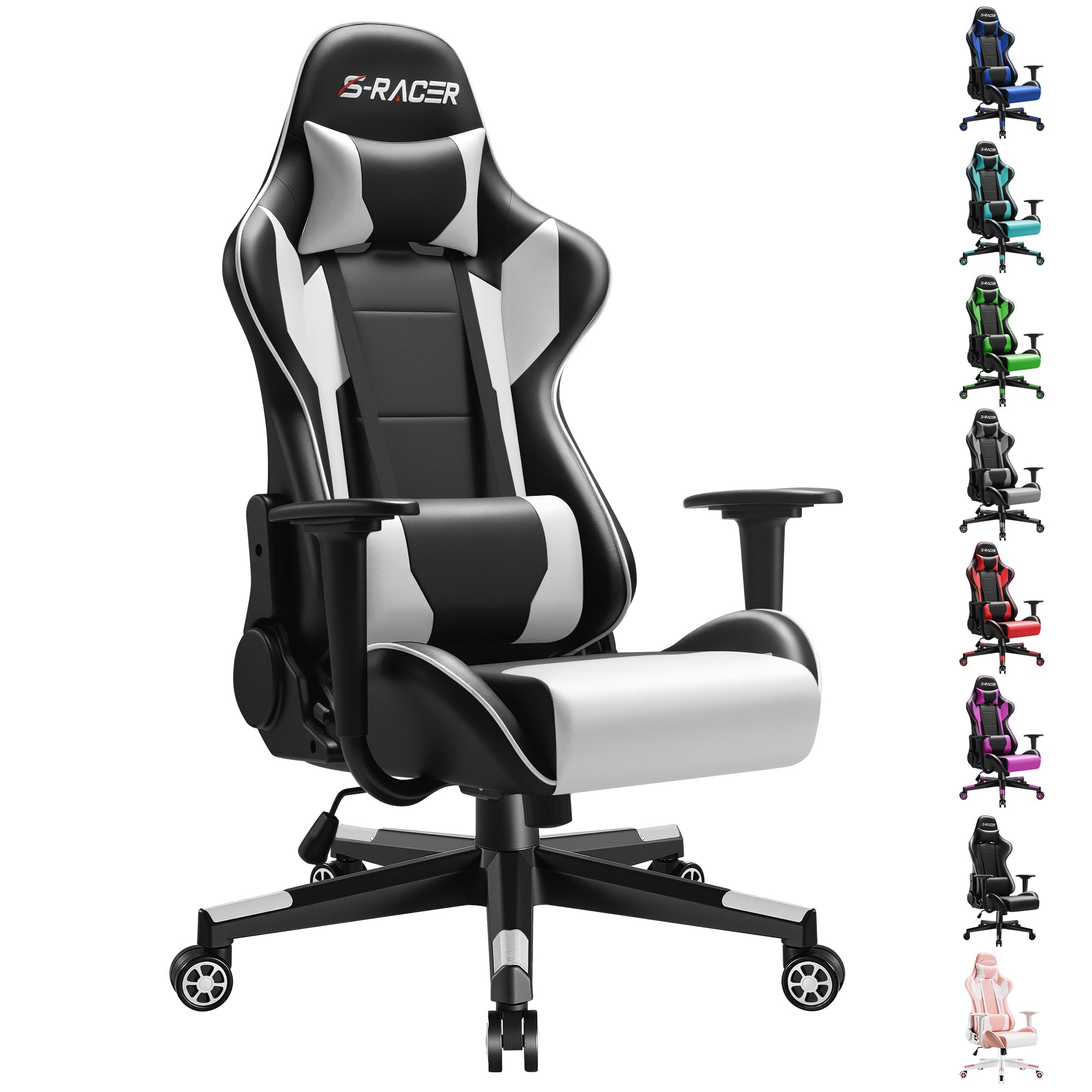 Furniwell Gaming Chair PU Leather Office Chair High Back Computer Desk Chair Adjustable Swivel Racing Executive Leather Ergonomic Task with Headrest and Lumbar Support (White)