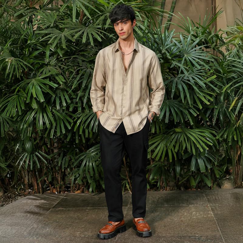 Image of CAHOOT Men's Bisque Shirt Casual Wear | Spread Collar | Long Sleeve | Button Closure | Shirt Crafted with Comfort Fit for Everyday Wear