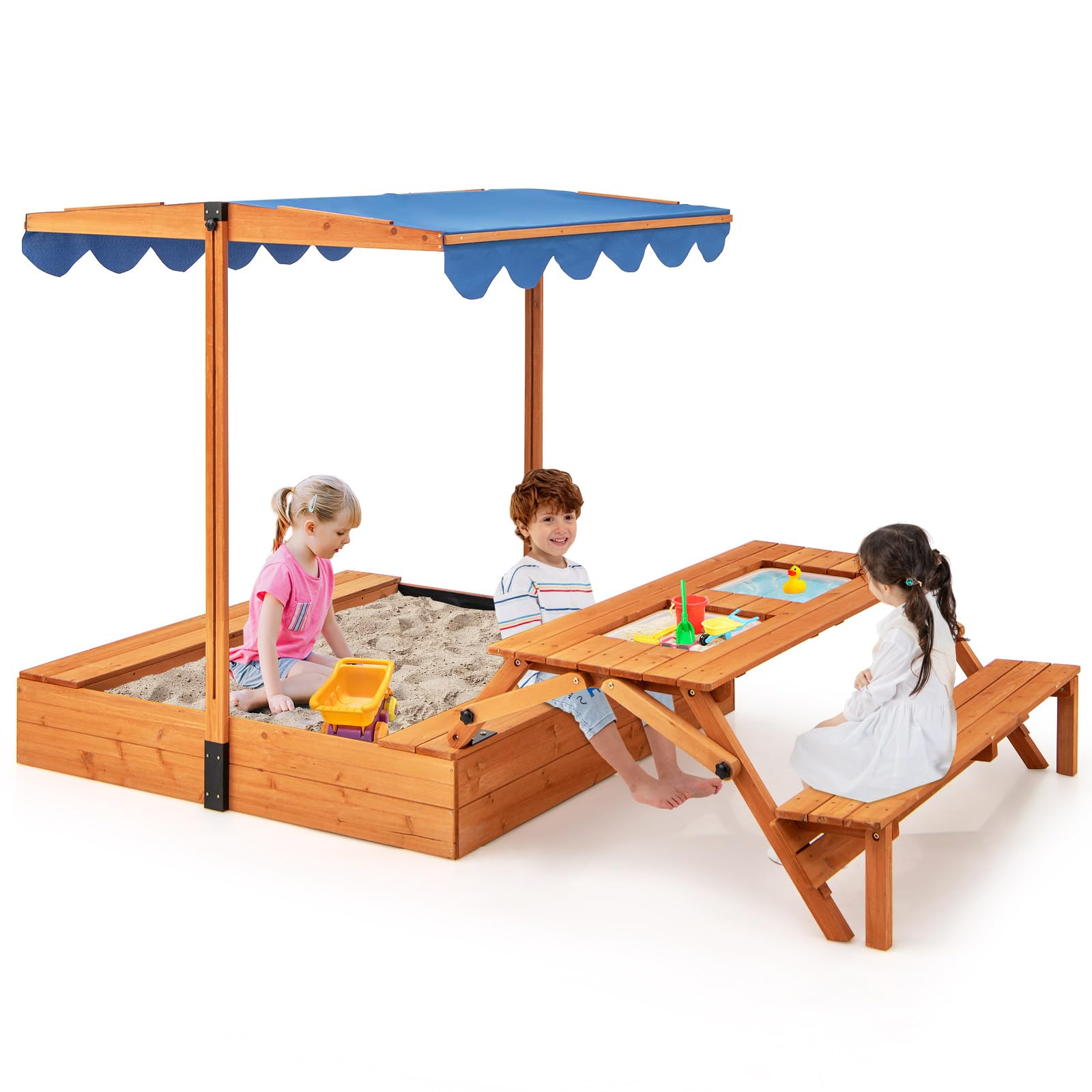 KOTEK Kids Sandbox with Lid, Wooden Sandpit w/Foldable Picnic Table & Bench, Adjustable Canopy & Bottom Liner, Outdoor Sand playset for Toddlers Age 3+, Covered Sand Boxes for Backyard Garden