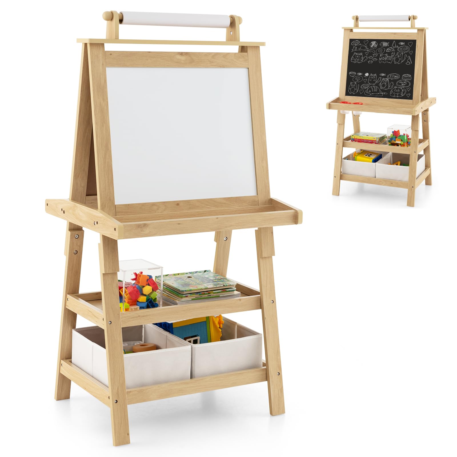 GYMAX Wooden Kids Easel, Double Sided Whiteboard & Chalkboard Painting Easel with Paper Roll, 2 Storage Boxes and 2 Pigment Cups, Art Drawing Board Stand for Children (Natural)