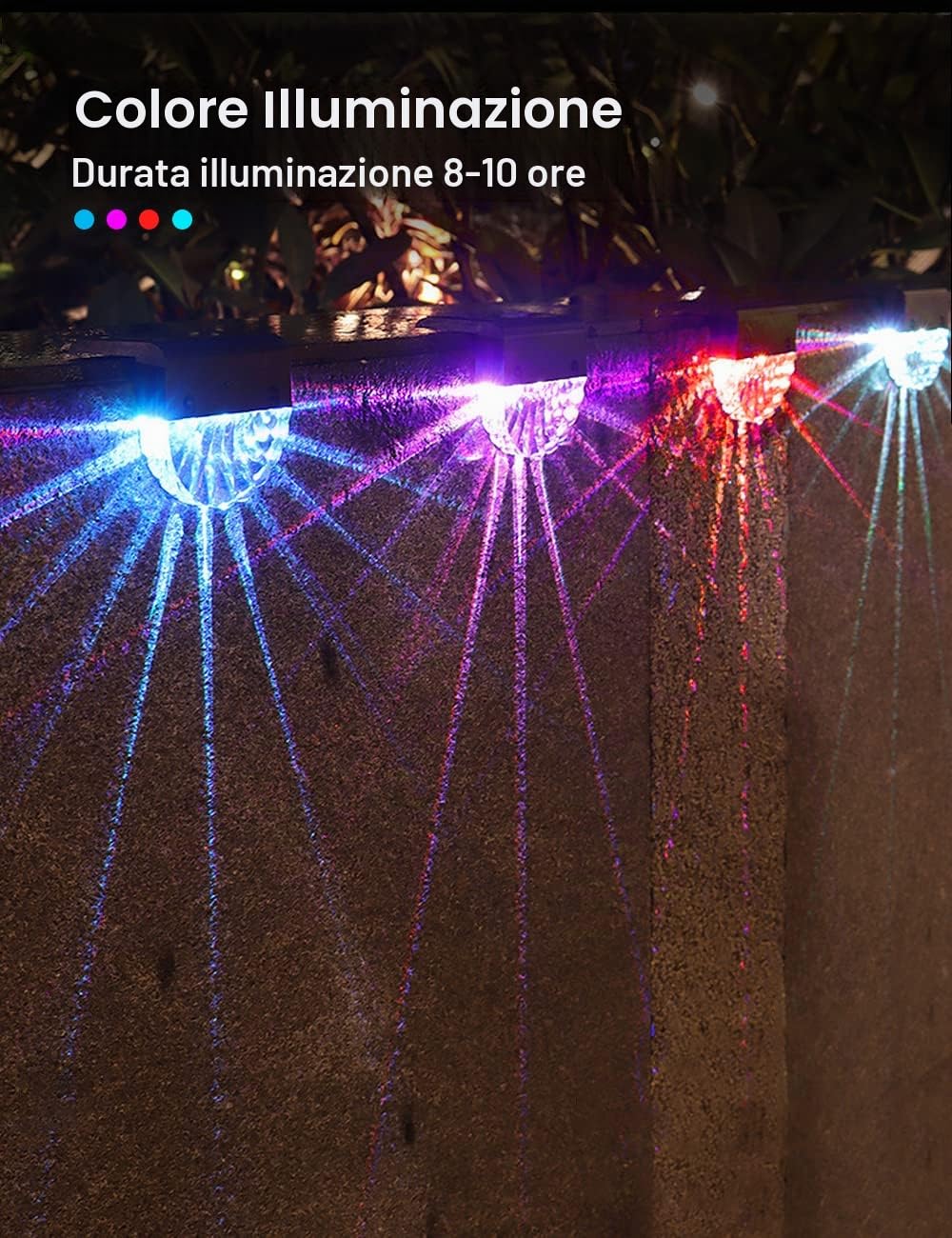 Luci Solari da Giardino, 4Pcs Faretti Solare Led da Esterno, 2 Mode,Bianco Caldo/Colore Lampada da Scale, IP65 Impermeabile Fari Terra per Patio Segnapasso Sentieri Recinzione Balcone Parete