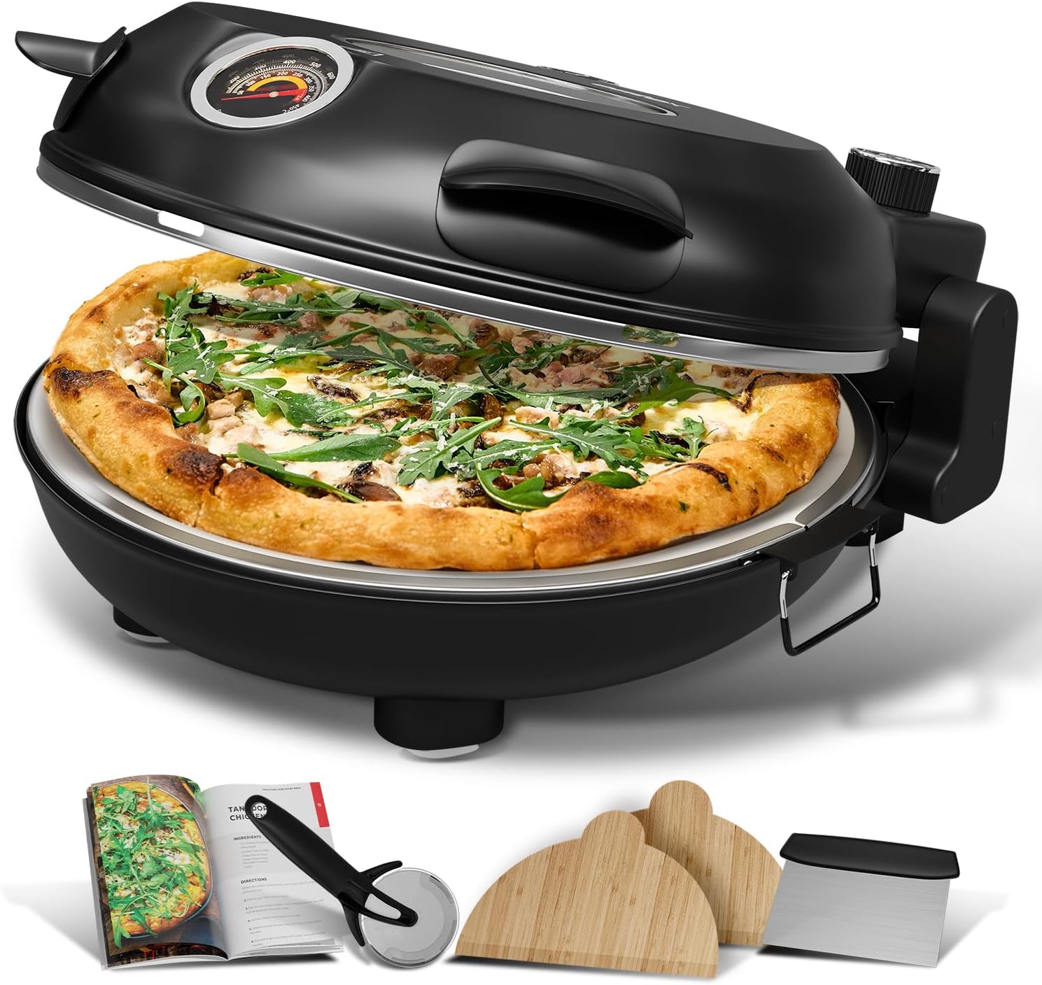 Electric Pizza Oven Indoor, 12 Inch Countertop Pizza Oven, Portable Stone Pizza Oven, Heats up to 790°F for Crispy Crust, Pizza Maker Machine for Home – Black