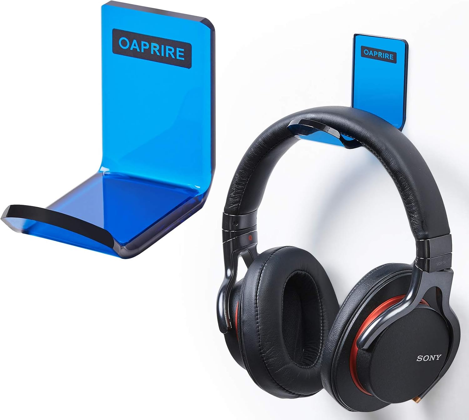 OAPRIRE Headphone Hanger Wall Mount Set of 2 - Headphone Holder Organization Kit with Cable Clip - PC Gaming Headset Stand with Crystal Texture - Universal Fit, Save Desktop Space (Clear Blue)