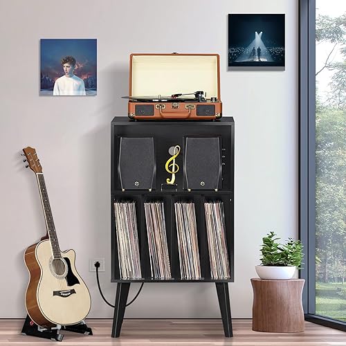 Miniatura 7 de Lerliuo Soporte para tocadiscos con estación de carga, soporte giratorio negro con capacidad para hasta 160 álbumes, mesa de gabinete de