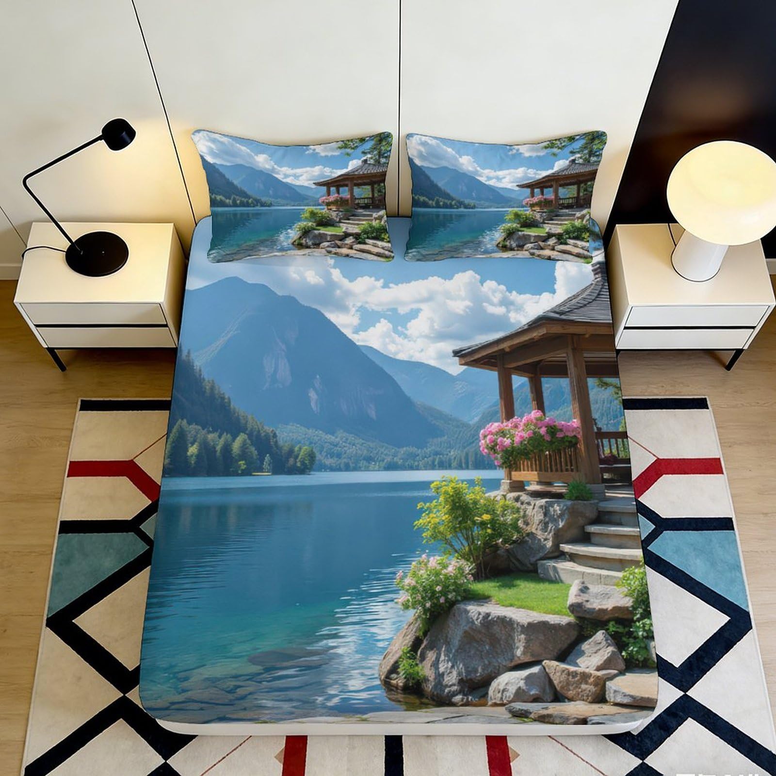 3D Printed Lake Scenery Fitted Sheet Microfiber Deep Pocket for Adults Bedroom Bedding Lake View Mattress Fitted Cover 140x200x25cm