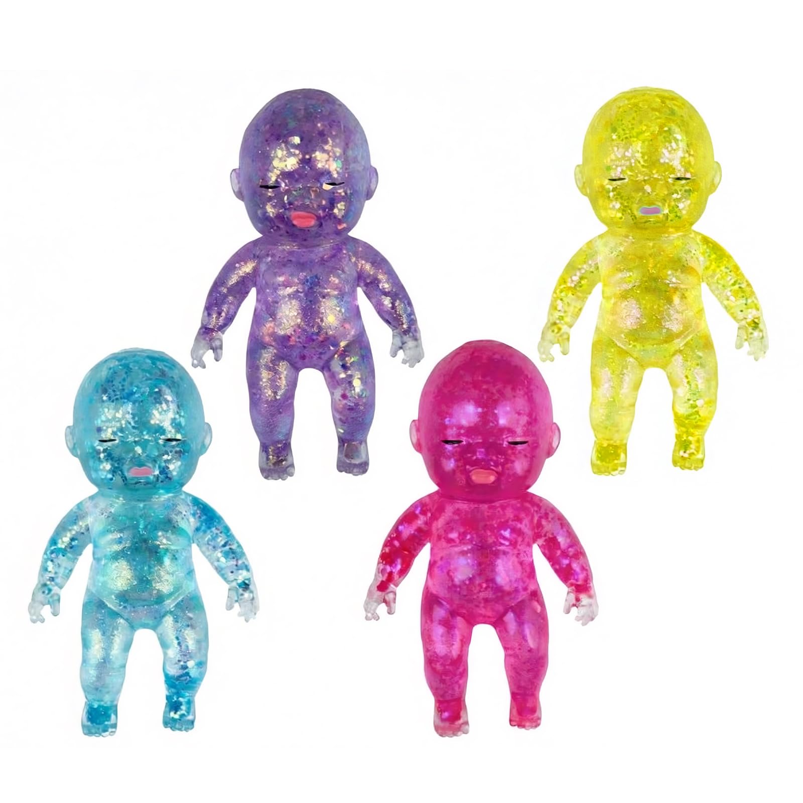 4Pcs Baby Squishy Glittery, 4" Soft Squeezable Fidget Toy, Slow Rising Squishy, Soft Squeeze Stress Relief,Cute Sparkly Sensory Decompression Doll for Adults, Portable Desk Decor & Anxiety Relief Gift
