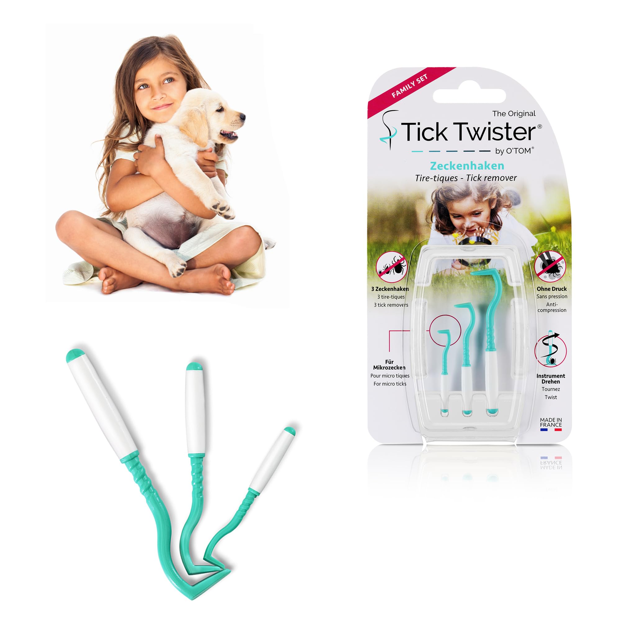 Tire Tique pour Chien, Chat et Humain (Set de 3 Tailles - Vert) - Retrait Facile, Rapide et sans Douleur – Pince à Tique avec Boîte de Rangement - Fabriqué en France (1 Set)