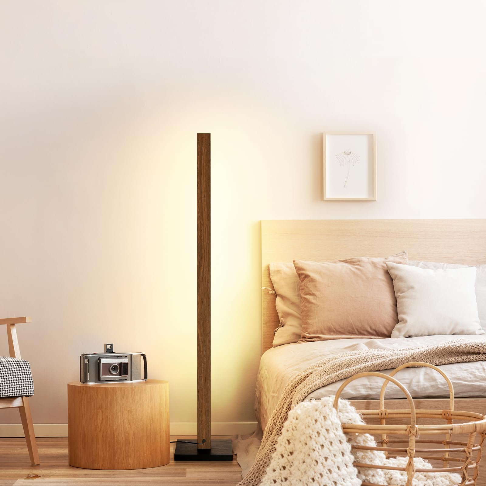 EDISHINE Lampada da Terra Legno, LED Lampada Piantana da Terra Dimmerabile, 800 LM 3000K Bianco Caldo, 18W per Ambienti, con Interruttore a Pedale e Funzione di Memoria per Soggiorno, Ufficio