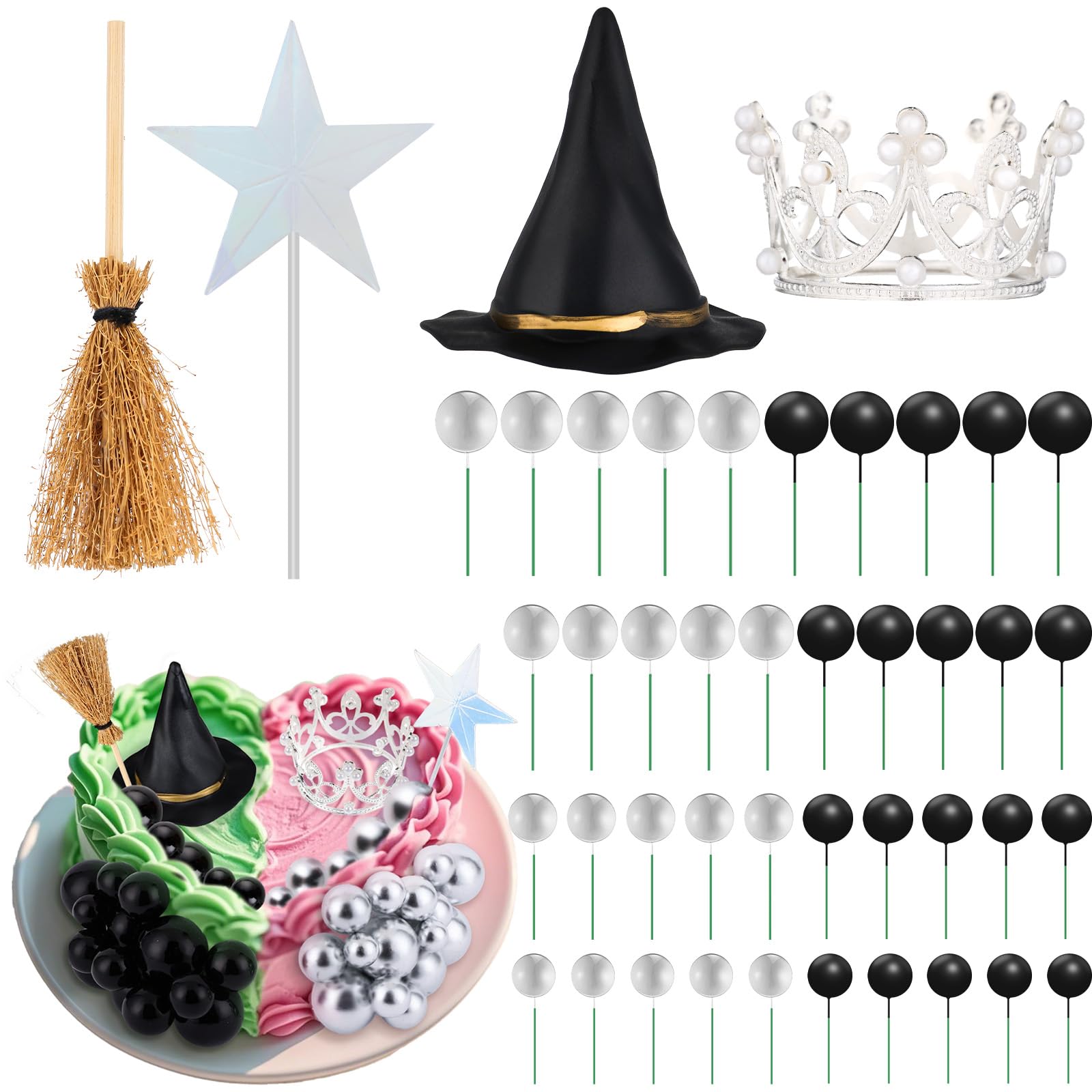 44 Pcs Witch Cake Topper Black and Sliver Balloons Cupcake Toppers Witch Cake Decorations Mini Balloons, Silver Topper Crown, Women Witch Hat, Star