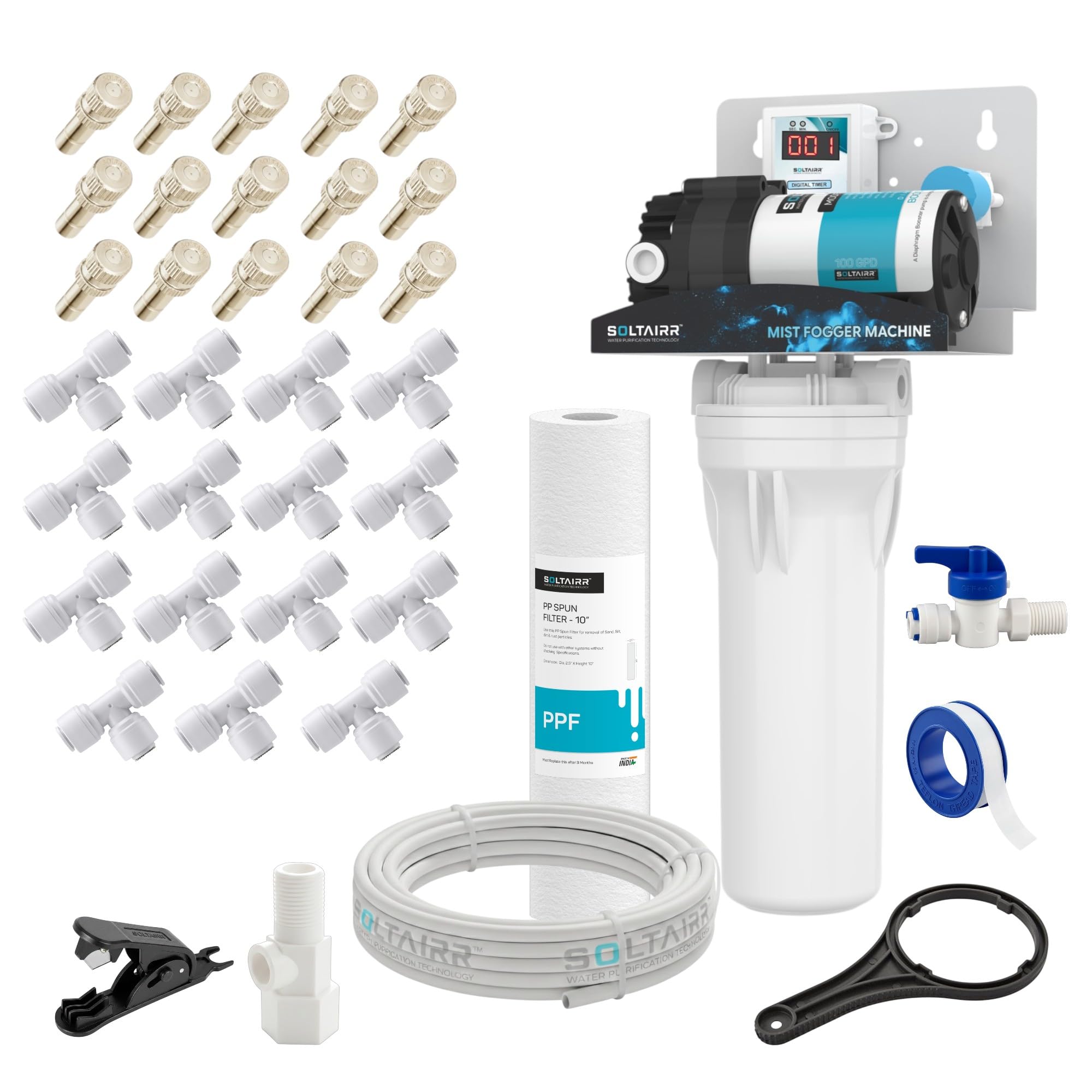 15 Nozzle Mist Fogger Machine for Greenhouse, Nursery, Outdoor Cooling & Dust Control | 100 GPD Booster Pump | 25m Pipe | Digital Timer | Auto Fogging Kit with Filter & Accessories-image-26