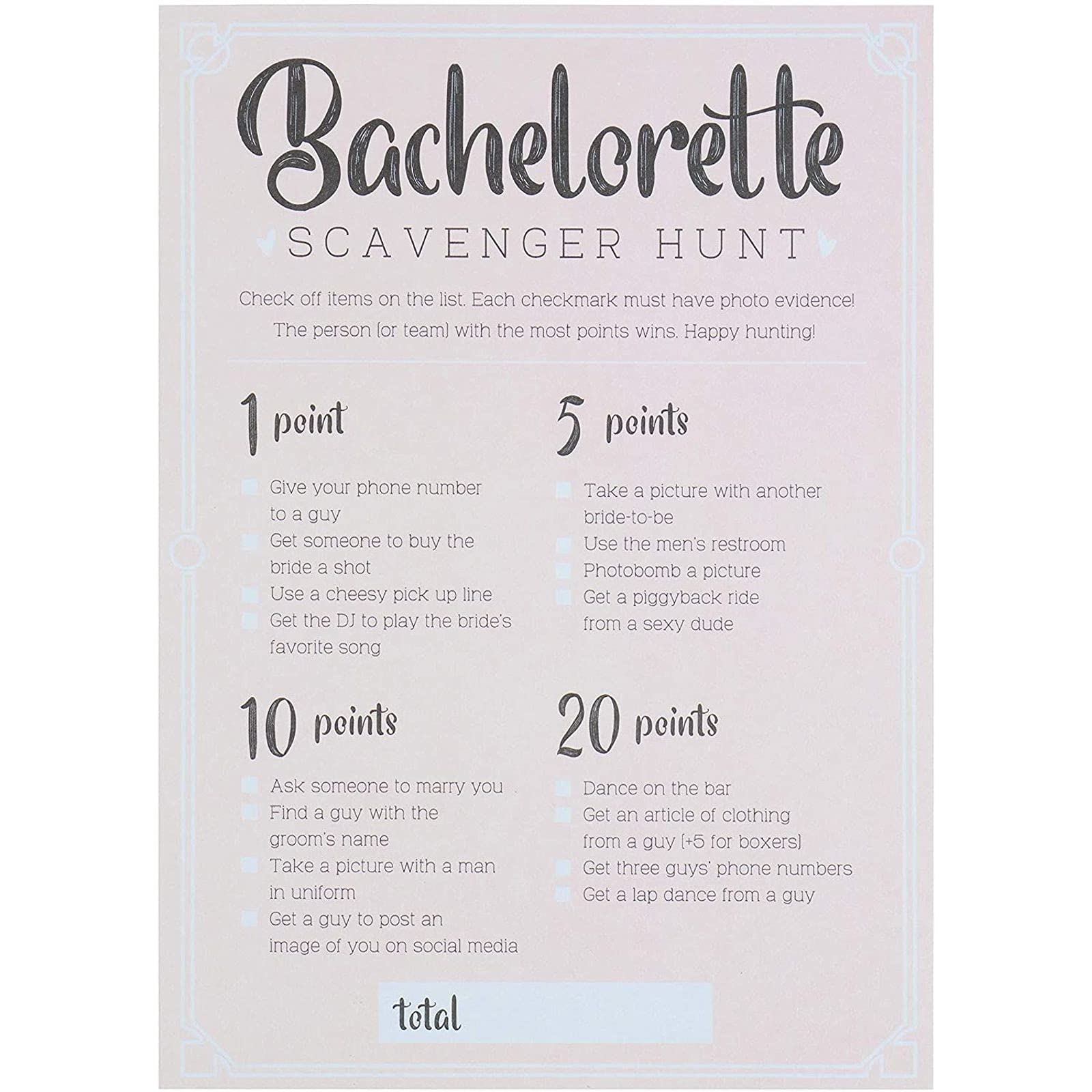 Amazon.com: Bachelorette Party Games - 50-Pack Bar Scavenger Hunt Drinking  Game and Dares, Fun Novelty Cards for Girls Night Out, Bachelorette Party  Supplies, 5 x 7 Inches : Home & Kitchen