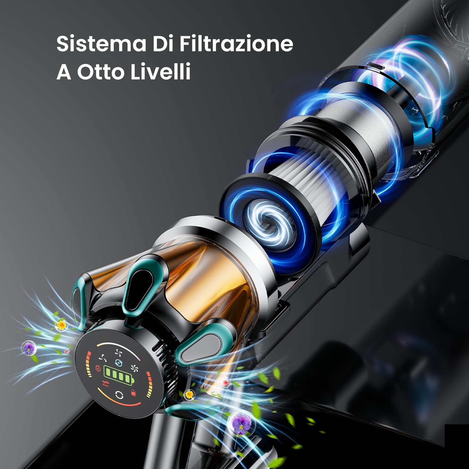Aspirapolvere Senza Fili 650W/55KPa/70min, Scopa Elettrica Senza Fili Anti-Groviglio Touch Screen LED, 1.8L/8 Stadi Filtrati, Autoportante E Ricarica A Parete, Adatto Per Animali / Pavimenti / Auto