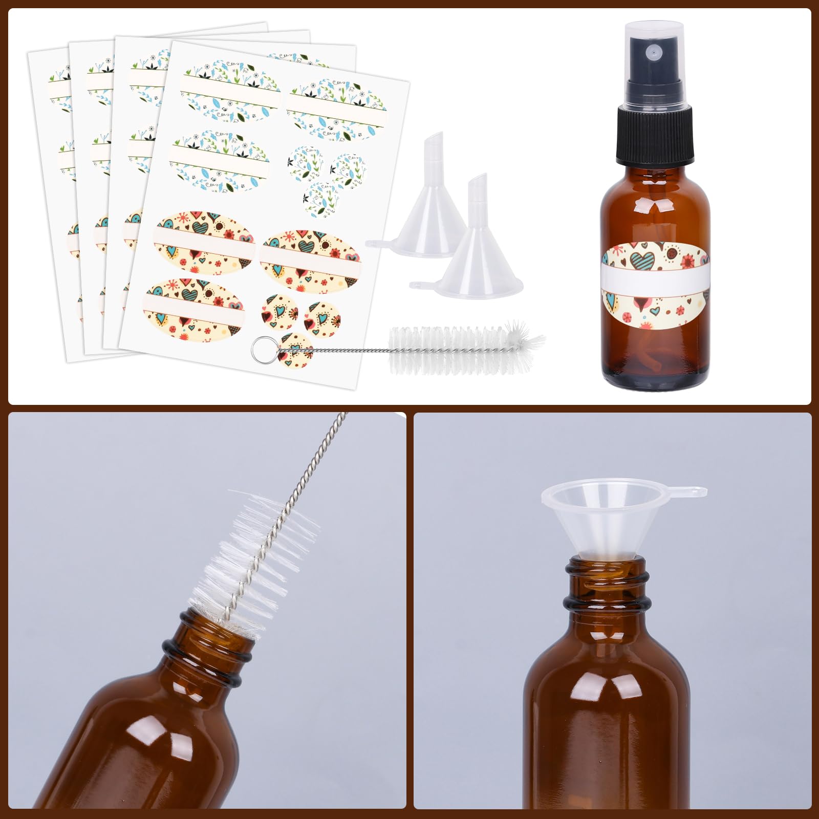 Paquete de 24 botellas de spray ámbar de 1 onza con pulverizador de niebla fina, botellas de viaje de vidrio de 30 ml para aceites esenciales cosméticos, soluciones de limpieza, perfumes y