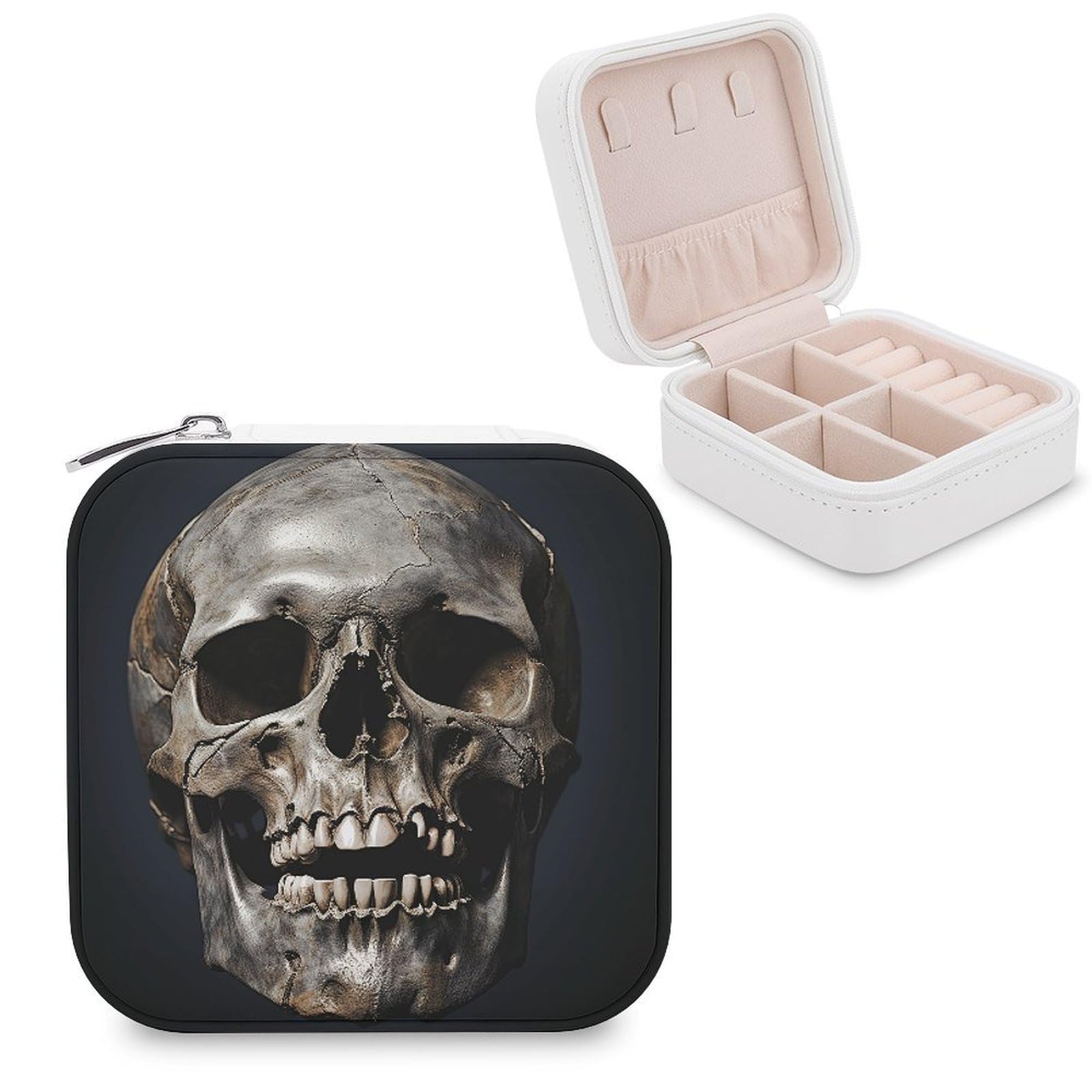 VstaDank Death Skull Travel Jewelry Case Zipper Portable Small Jewelry Box Custom Pu Leather Mini Traveling Jewelry Organizer for Rings Earrings Necklace Bracelet Girls Women