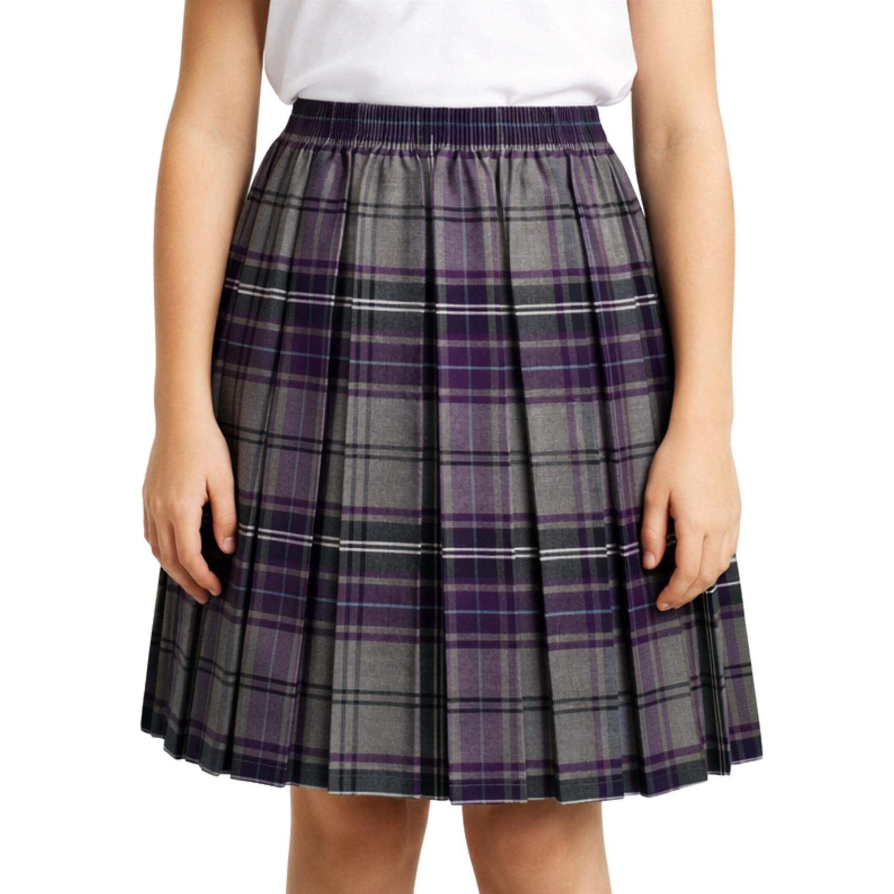 Schoolstitch Girls Grey Purple Tartan Schoolstitch® Elasticated Waist Skirt Box Pleated School Skirt