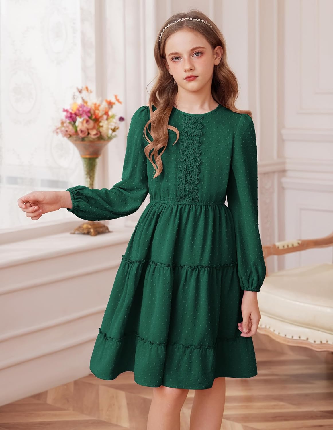 GRACE KARIN Girls Long Sleeve Fall Dress Casual Party Teen Swiss Dot Ruffle Tiered Lace Dresses for 7-14 Years - Image 4