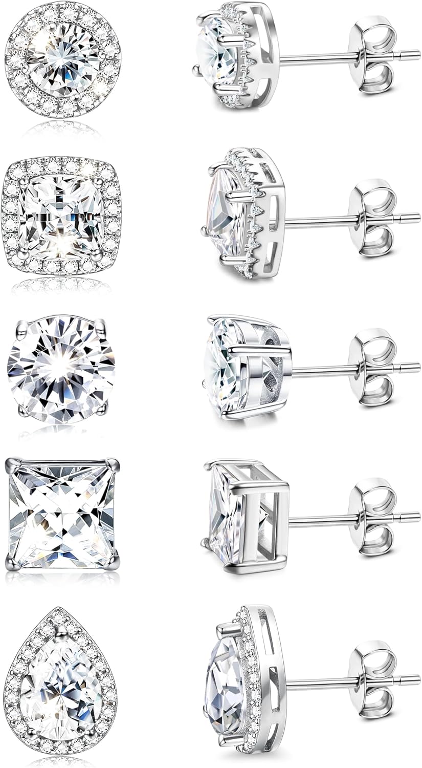 JeryWe Hypoallergenic Cubic Zirconia Stud Earrings for Women Men - Big Brilliant Simulated Diamond Halo CZ Studs Earring Stacks Round Square Teardrop Earring Set for Sensitive Ears Bridesmaid Bridal Earrings