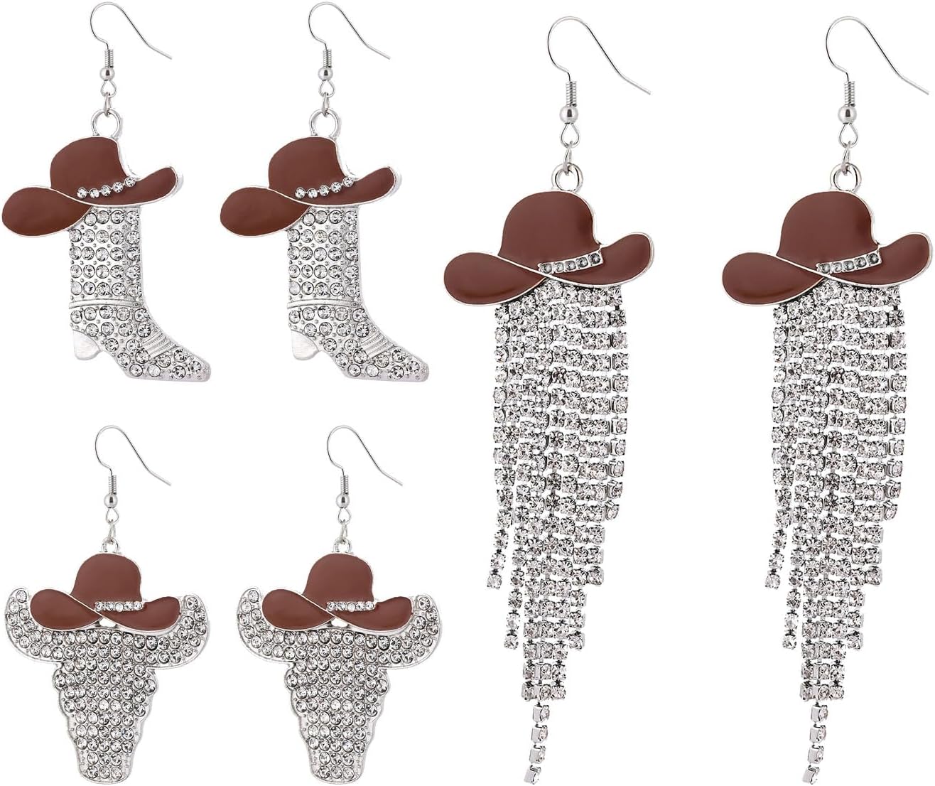 3 Pairs Enamel Cowboy Hat Cow Bull Head Boot Dangle Earrings for Women Sparkly Rhinestone Tassel Cowgirl Western Earrings Set for Women Country Concert Rodeo Cowboy Party Jewelry