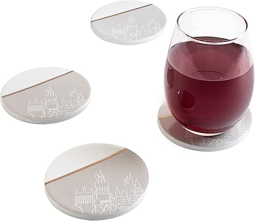 Harry Potter Hogwarts - Juego de 4 posavasos de cerámica con diseño de castillo de Hogwarts dorado y gris, gran regalo de decoración para mujeres y