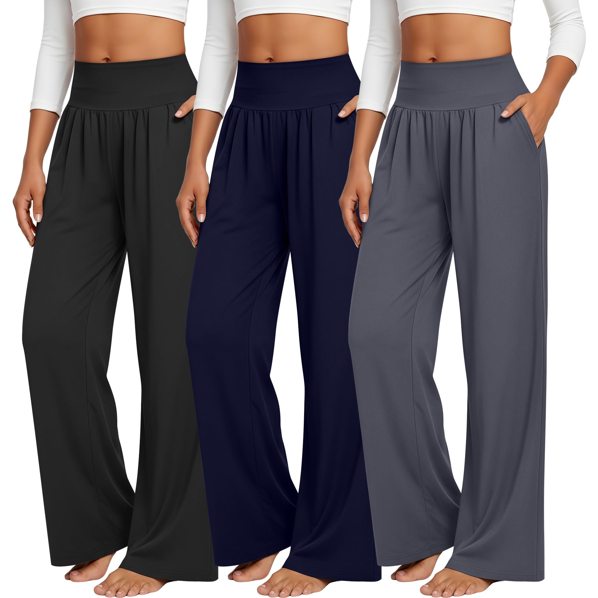 Neer Lot de 3 pantalons de yoga et de détente à jambe large pour femme, confortables et avec poches, pantalon de survêtement extensible à taille élastique, X-Large