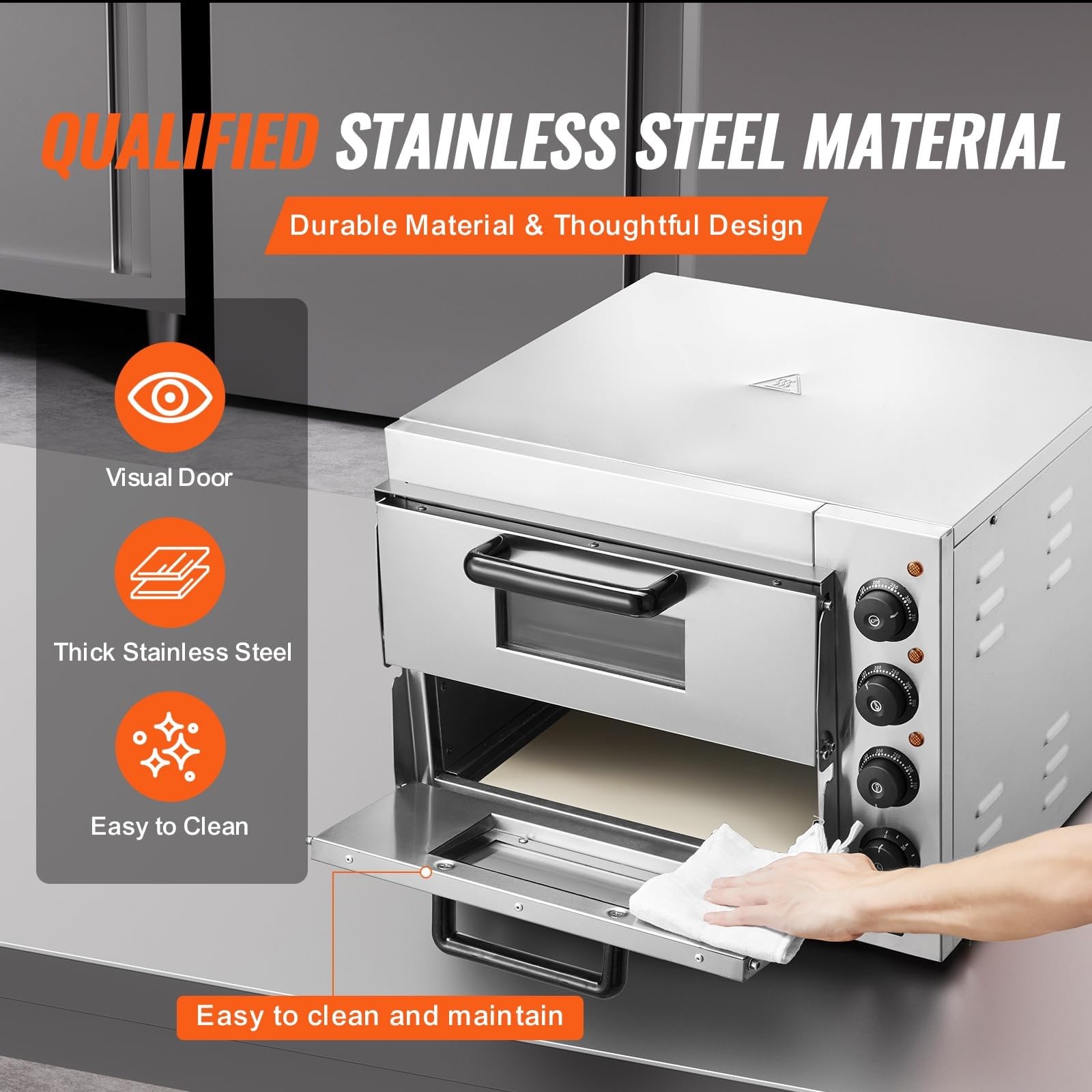 Forno professionale per pizza, elettrico in acciaio inox, piano singolo/doppio con pietra e manico, per interni ed esterni, multiuso, per ristoranti e uso domestico