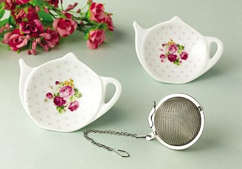 Miniatura 6 de Juego de cerámica de porcelana blanca con borde de flor en forma de tetera soporte para bolsitas de té, posavasos, reposabrazos; juego de platos