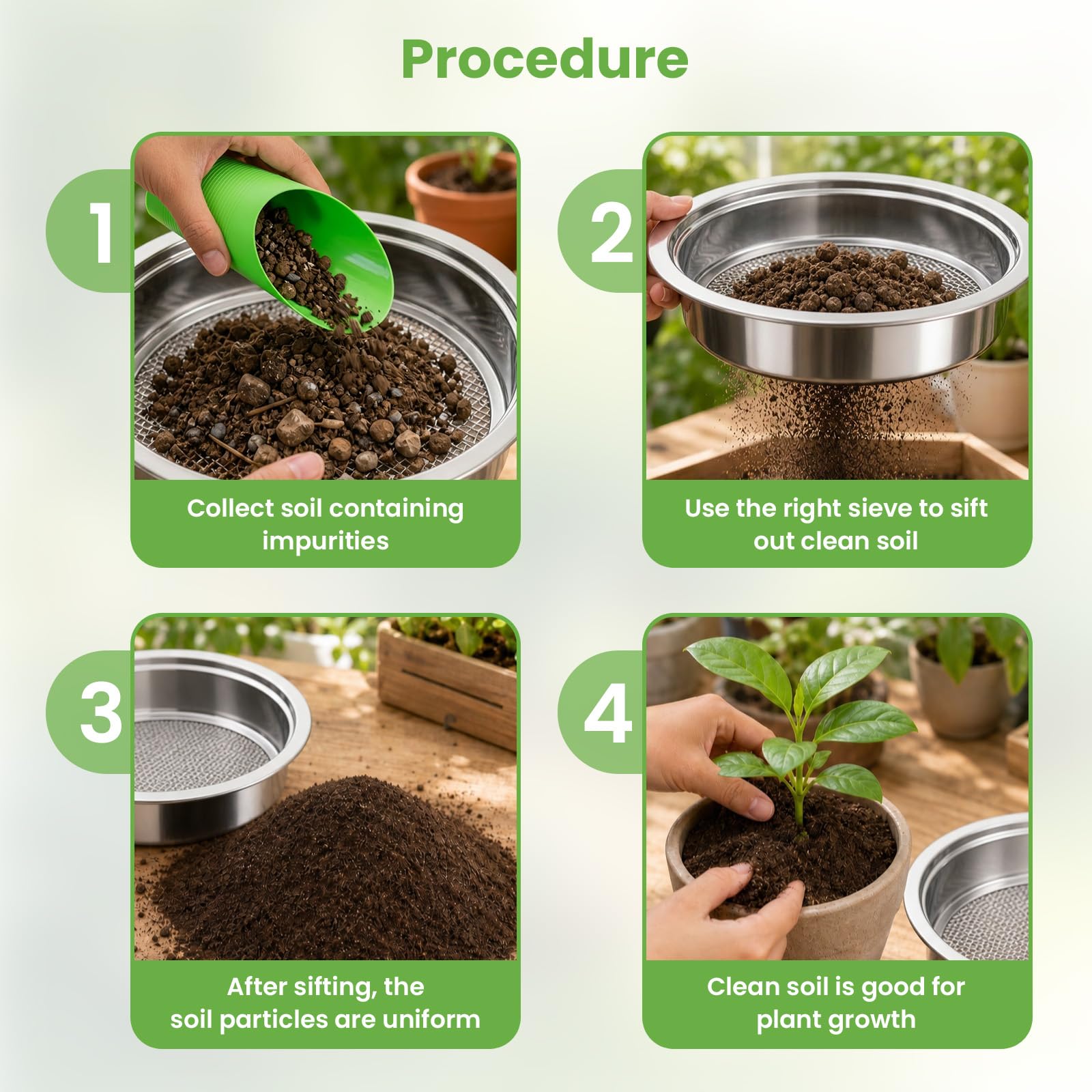 johgee 5 in 1 Gartensieb aus Edelstahl Witterungsbeständig Sieb, mit 5 austauschbare Siebeinsätze Ø 1,3,6,9,12 mm + Schaufel für Erde Steine Kompost Sand usw. 24 cm rund rostgeschützt