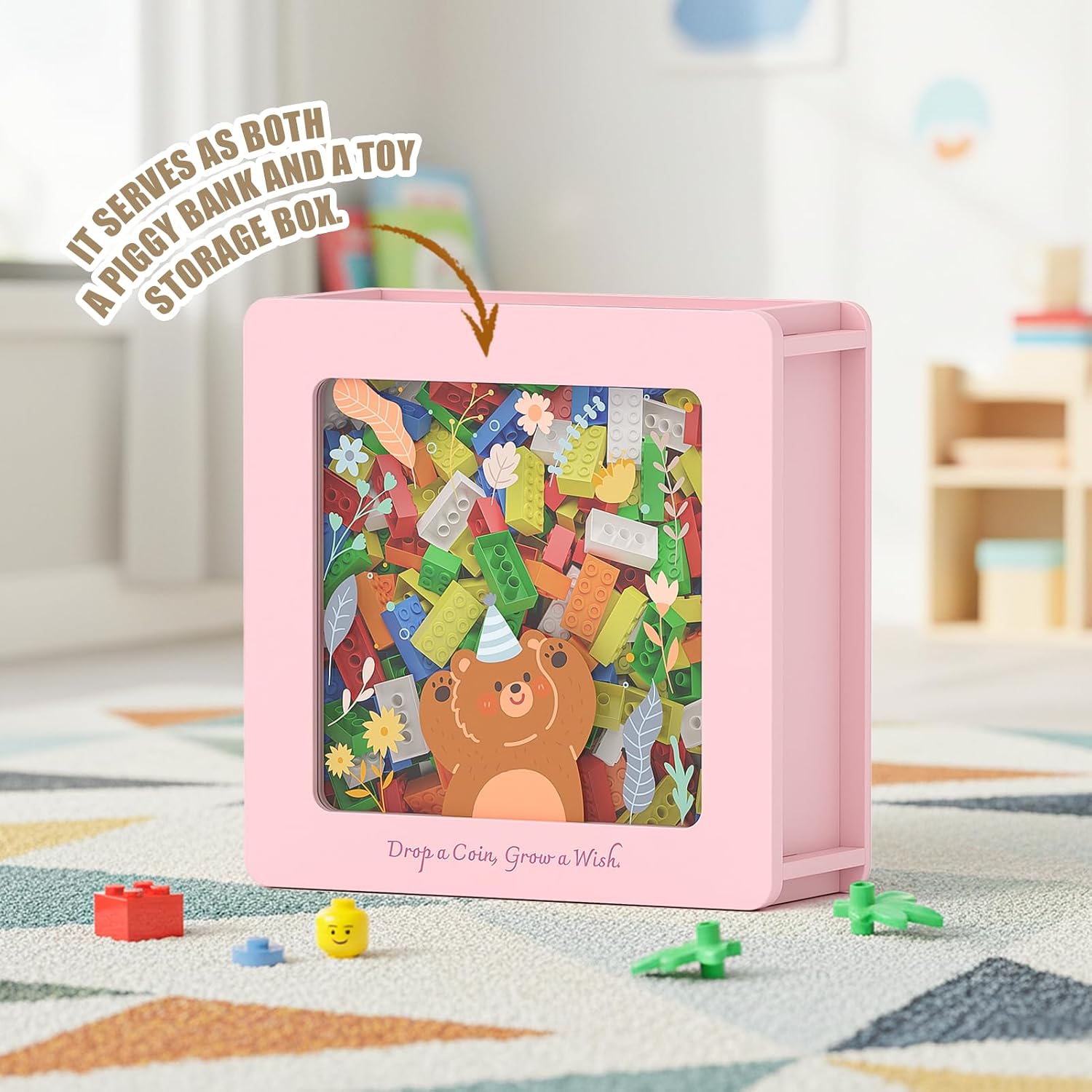Summidate Wooden Piggy Bank for Kids Girls, Money Savings Bank with Clear Removable Windows and DIY Stickers, Kids Visual Cash Vault Box for Teens, Birthday