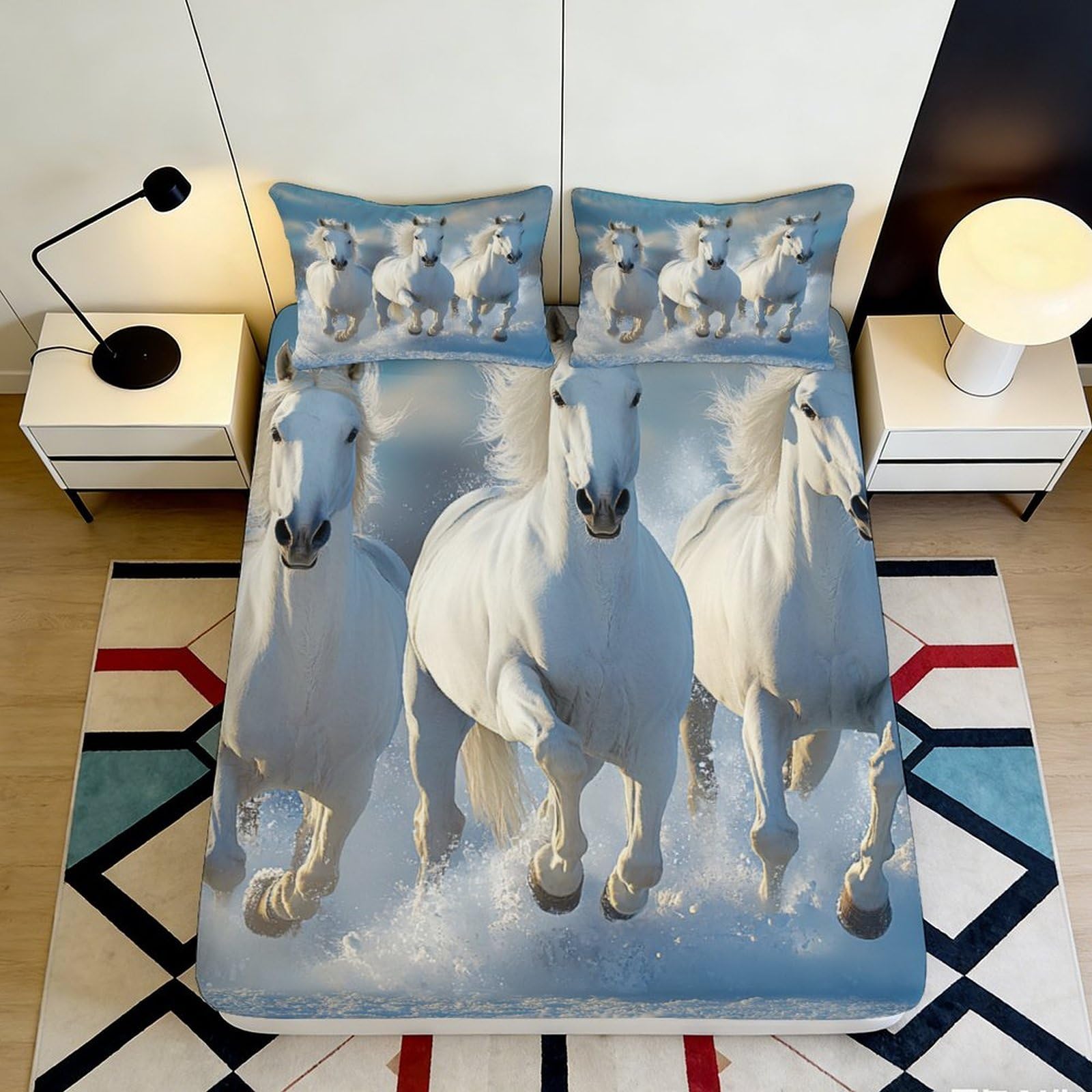 3D Printed Running Horse Fitted Sheet Microfiber Deep Pocket Bedroom Bedding Non-Slip Mattress Fitted Cover for Adults Teens 120x200x25cm