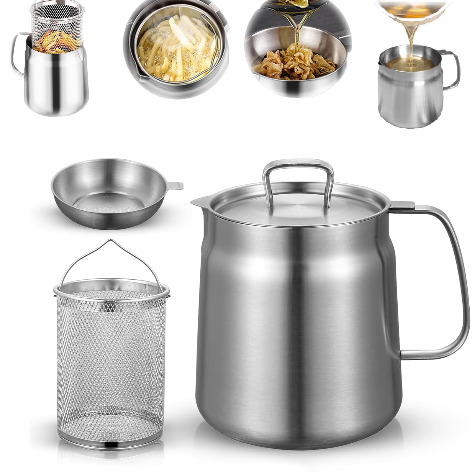 Stainless Steel Fryer with Basket, Lid, 50/68oz Large Capacity 2 in 1 Oil Strainer Pot, Large Capacity Versatile Oil Filter Pot Vessel (2L / 68oz)