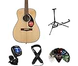 Fender CC-60S Acoustic Guitar Beginner Bundle: Solid Spruce Top, Mahogany Body, Rosewood Fingerboard, Stand, Tuner, Strap & 12 Guitar Picks