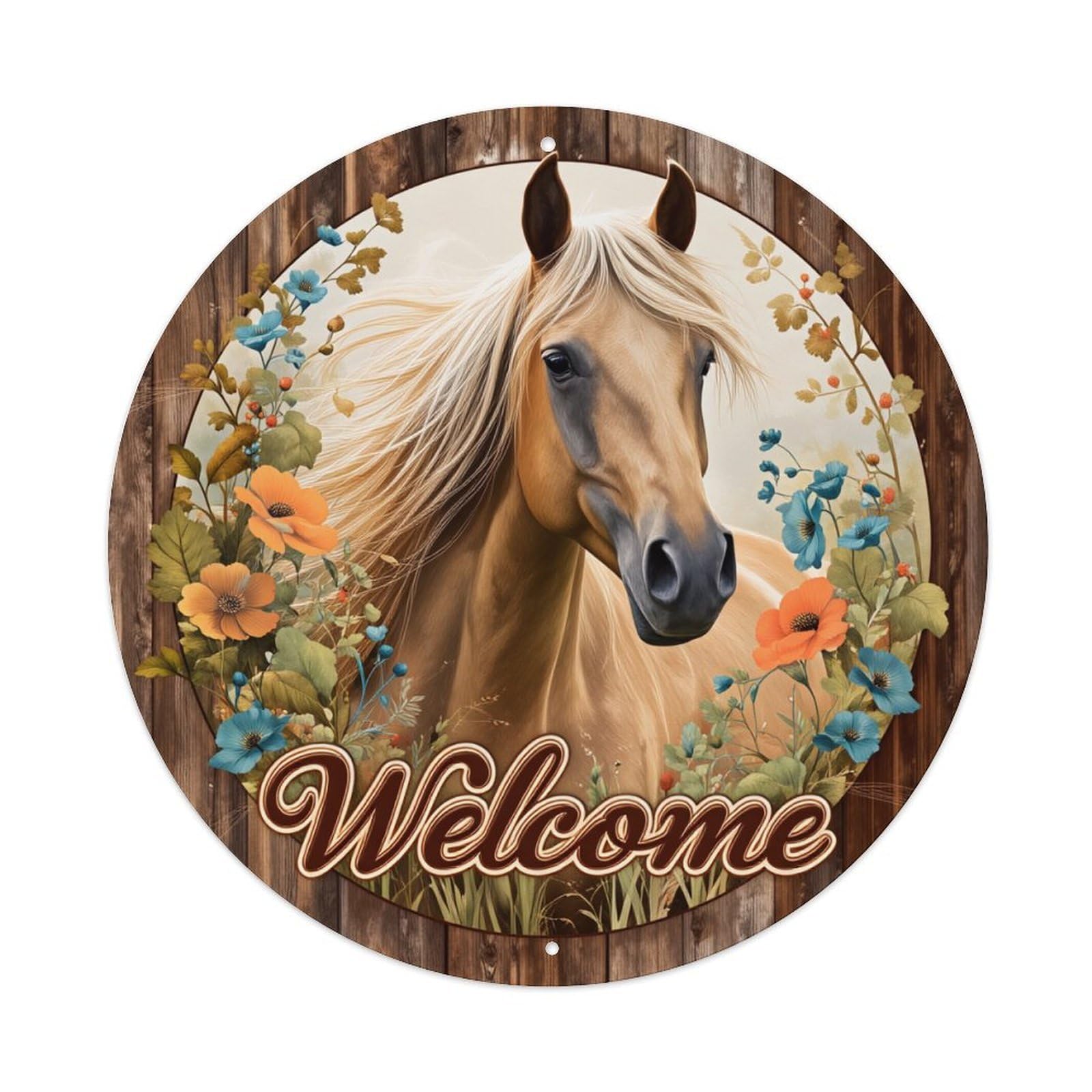 Horse Floral Welcome Sign Art_1 Round Tin Sign Vintage Metal Poster, Home Bar Garage Man Cave Cafe Indoor & Outdoor Wall Decoration 8x8Inches