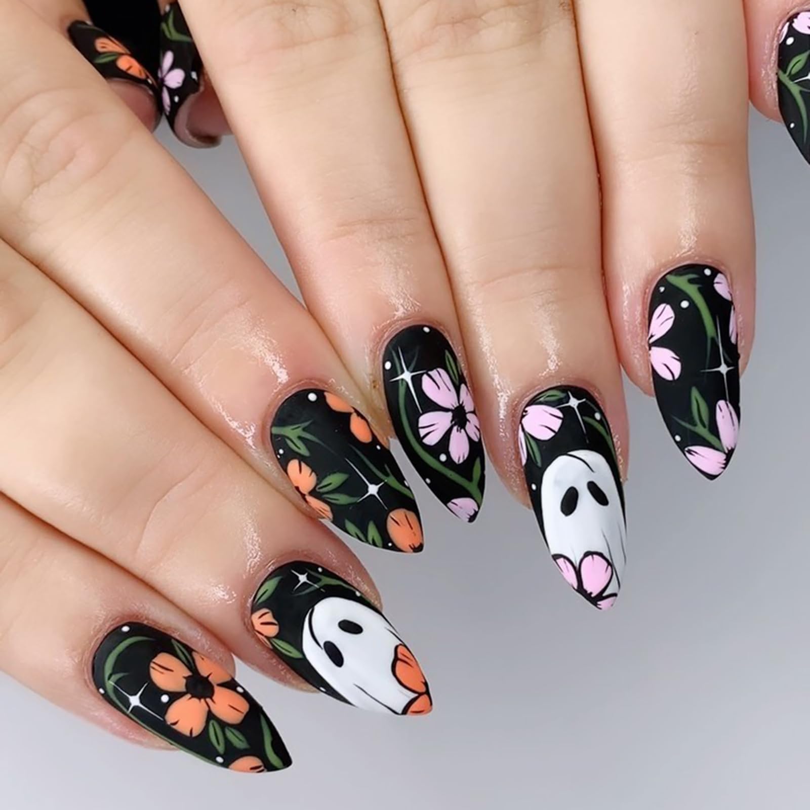 Halloween Press on Nails, Black Almond Fake Nails with Ghost&Flowers Designs, Glossy Artificial Nails Full Cover Stick on Nail, Glue on Nail for Women