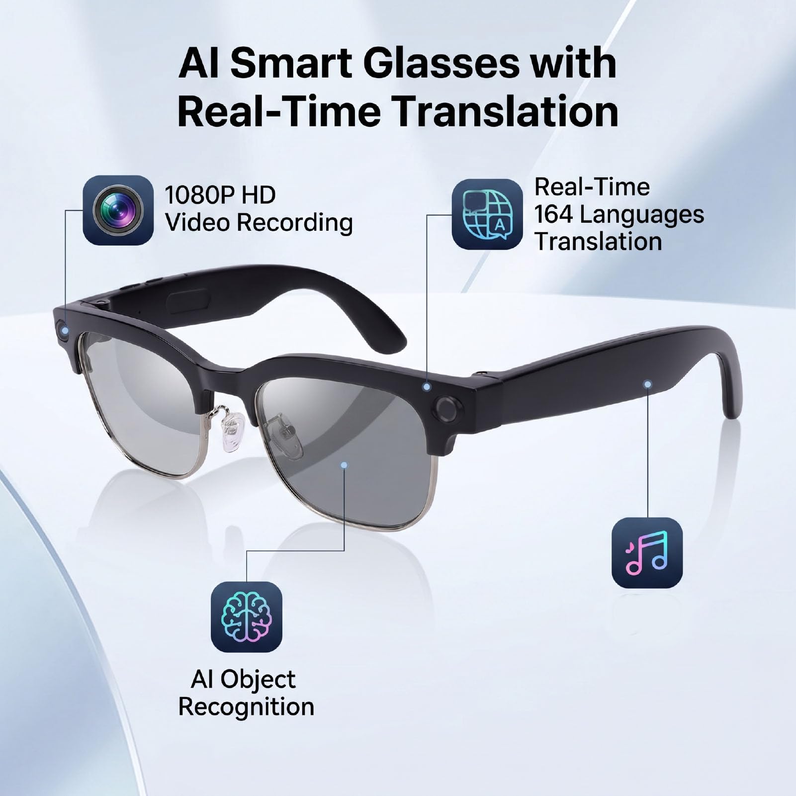 Sxhlseller Lunettes Intelligentes avec Caméra, Lunettes Audio Bluetooth avec Traduction IA, Caméra 8 MP Vidéo HD 1080P Contrôle Vocal, for Voyage Travail Communication Multilingue