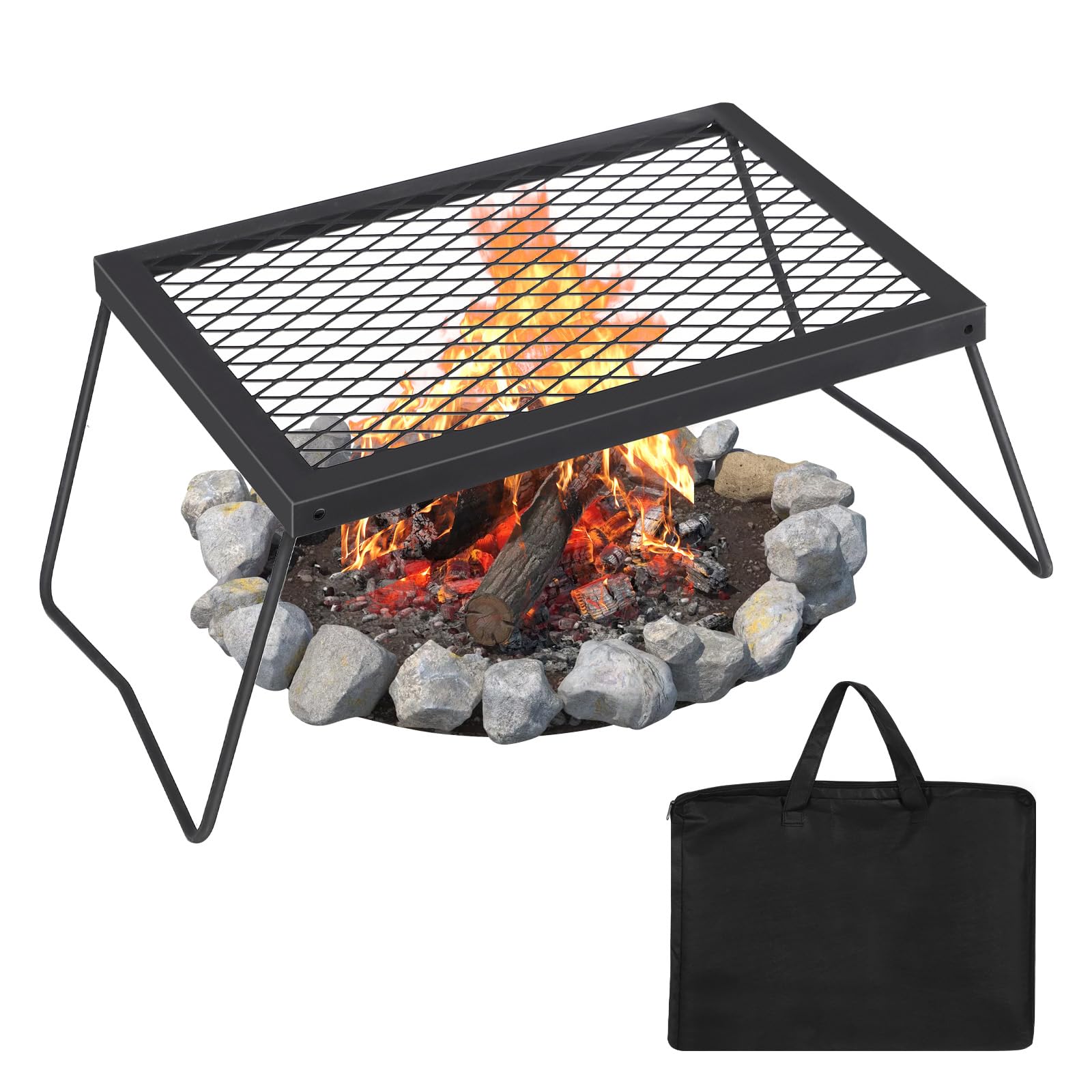 Garveetech 17*12.2 Swivel Campfire Grill For Fire Pit, Height Adjustable Heavy Duty Bbq Grate, Half Griddle Half Grill Plate Open Fire Cooking Stand With Carry Bag For Garden Camping