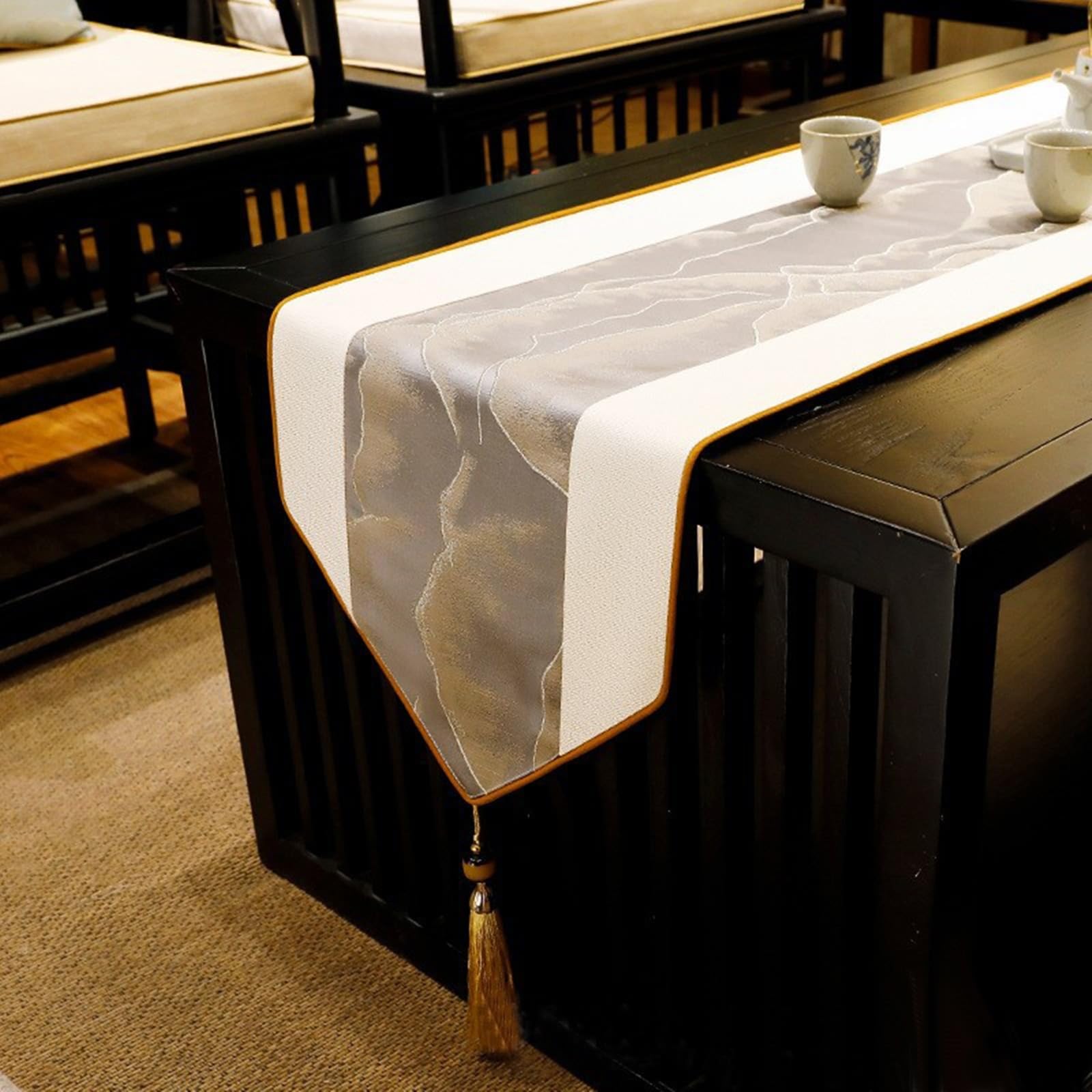 Tischdecke Läufer Beige Grau Braun, Jacquard Mitte Streifen Muster mit Quasten Tischläufern Polyester Leinen Tischläufer Dekostoff Landhausstil Table Runner für Esszimmer, 33x220cm