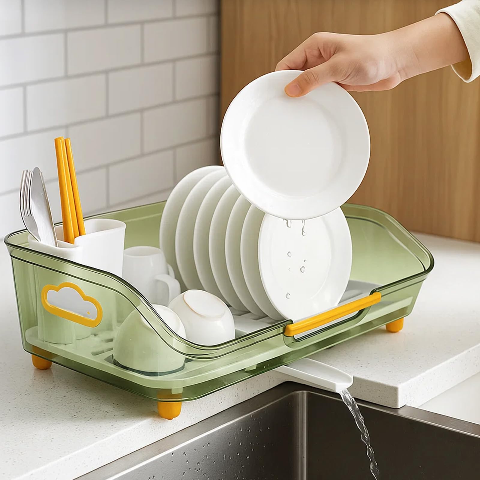 Sunnynest Green Dish Drainer Rack With Drip Tray 44X28x13cm Space-Saving Dish Drainer With Utensil Holder Cutlery Tray Silverware Cup Dryer Storage Organizer Countertop Space Saver For Kitchen Sink (Green)