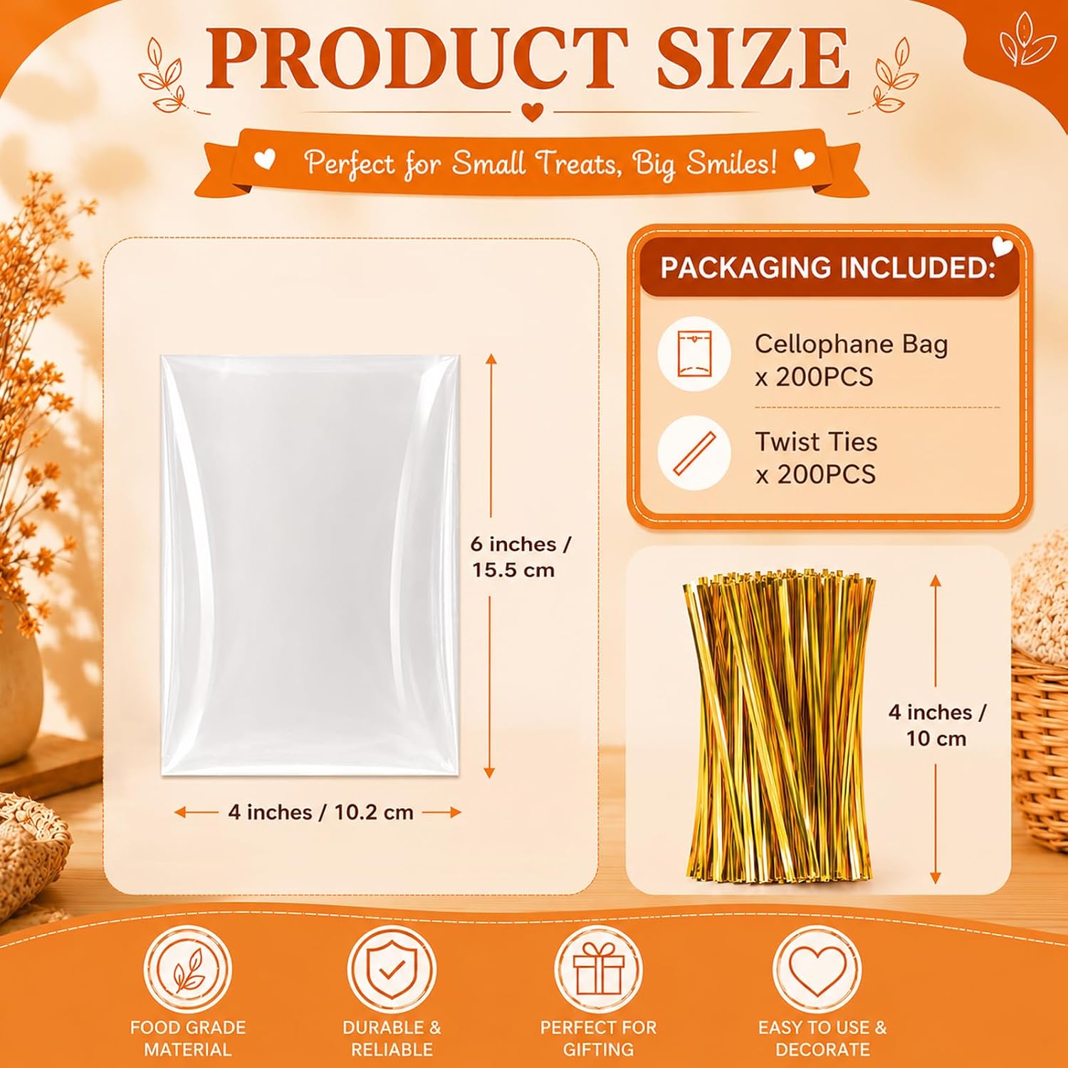 WIKDAY Clear Cellophane Cookie Bags with Twist Ties, 4x6 Inches, 200 Pack image 3