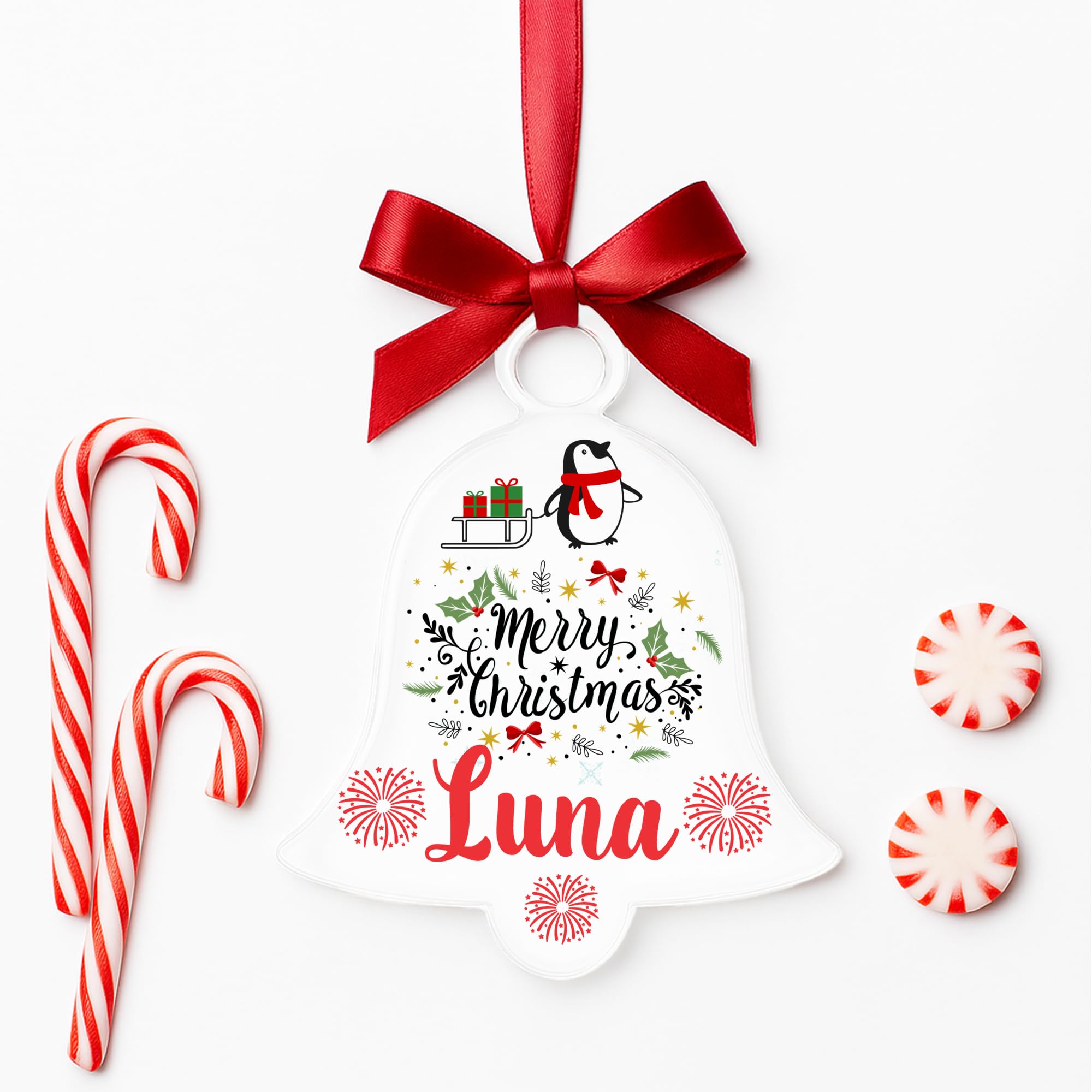 KreateSquare Personalised Christmas Bauble Xmas Tree Decoration with Customised Name and Red Ribbon Bell Shaped Baubles | Celebrate Love & Togetherness – Custom Christmas Ornament Keepsake
