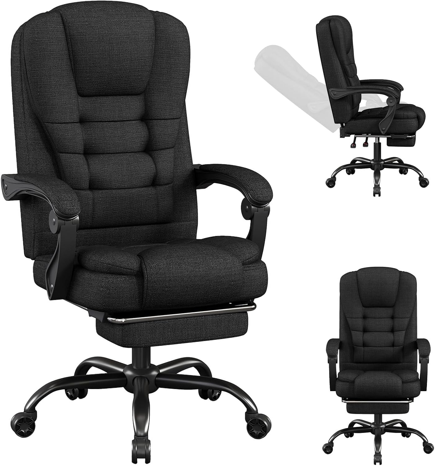 Fabric Office Task Chair- Computer Ergonomic Desk Chair- High Back Executive Chairs Height Adjustable with Footrest Lumbar, 360° Swivel Gaming Office Desk Chair with Flip-up Armrest for Adult, Black Black1
